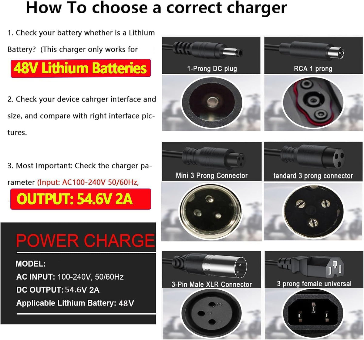 QKIIP 54.6V 2A Charger for 48V Ebike Scooter Lithium Battery, 7 Plugs