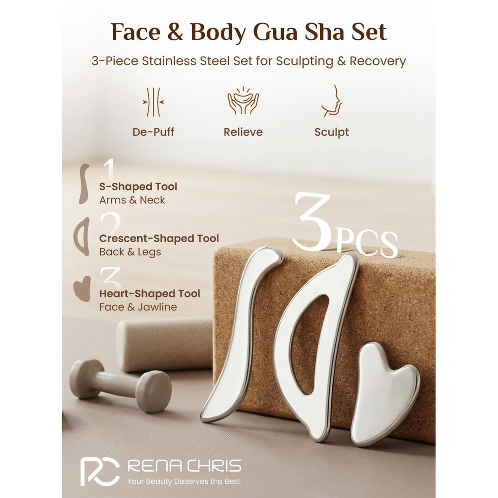 Rena Chris Gua Sha & Muscle Scraper Tool, Stainless Steel Body & Face Gua Sha Set for Deep Tissue Massage & Lymphatic Drainage, Guide & Travel Pouch Included (3-Piece Kit)