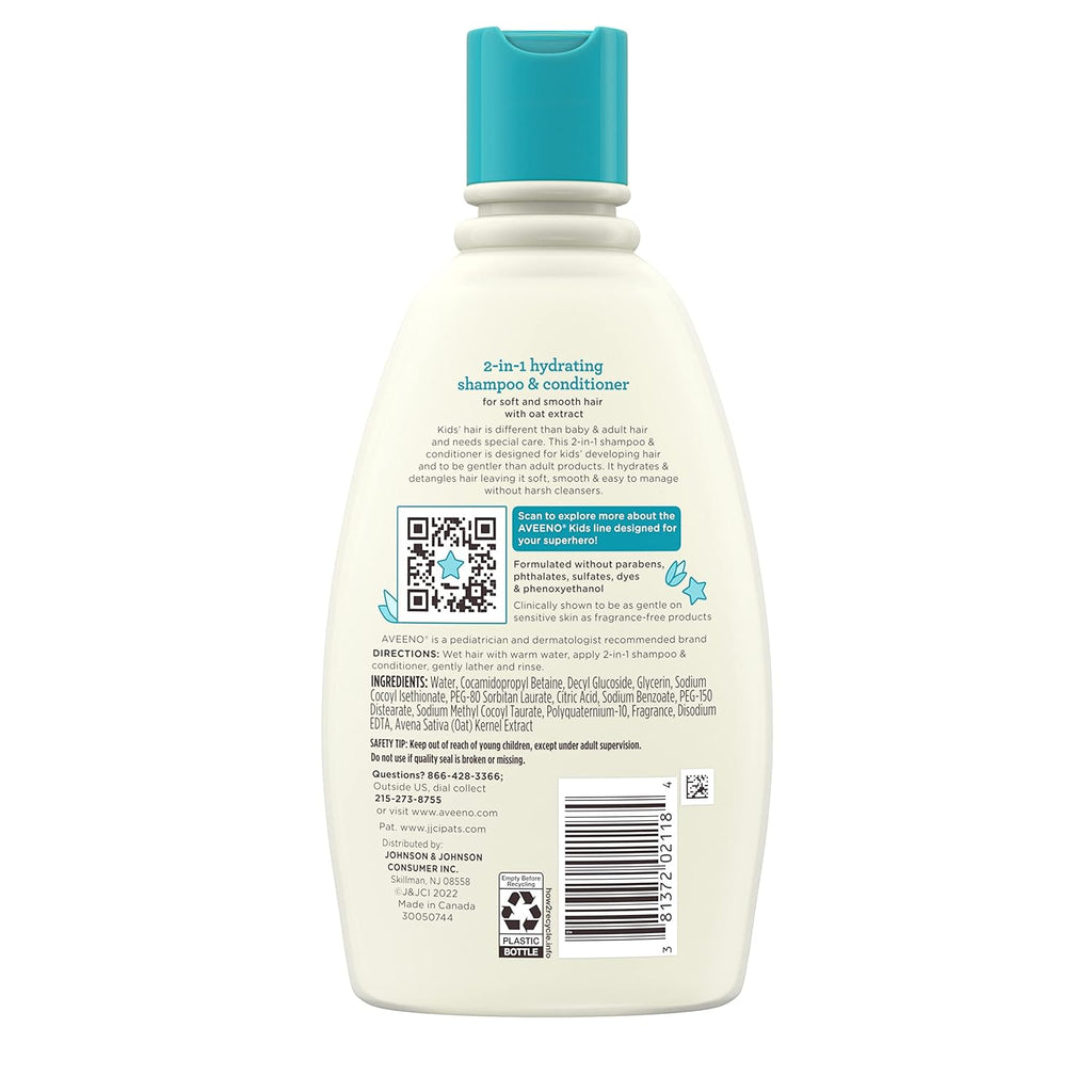 Buy now Aveeno Kids 2-in-1 Hydrating Shampoo & Conditioner, Gently Cleanses, Conditions & Detangles Kids Hair, Formulated With Oat Extract, For Sensitive Skin & Scalp, Hypoallergenic, 12 fl. oz at indiglob india