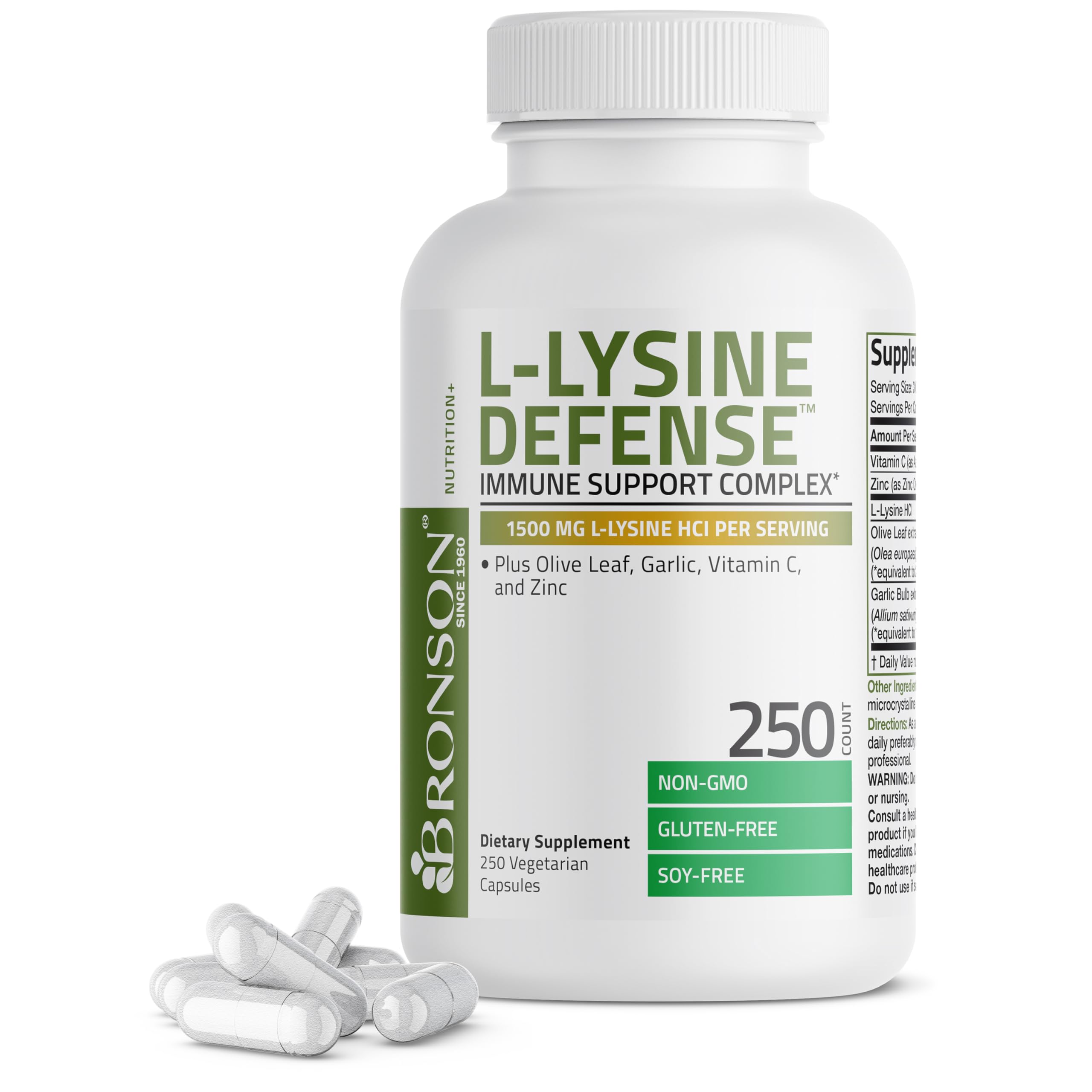 Bronson L-Lysine Defense Immune Support Complex, 1500 mg, 180 Capsules | Essential Amino Acid with Olive Leaf, Garlic, Vitamin C & Zinc, Vegetarian, Non-GMO, Gluten-Free & Soy-Free
