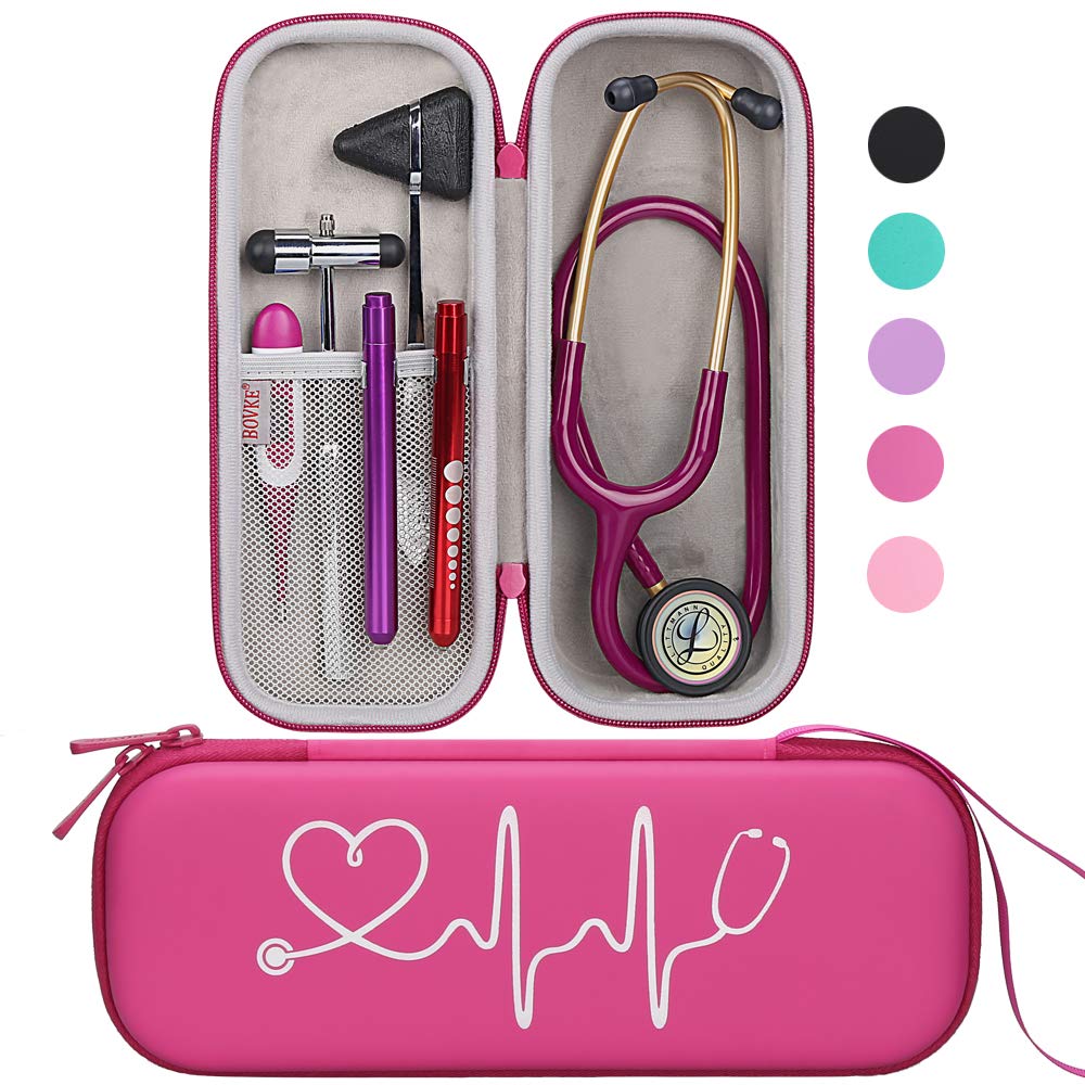 Buy now BOVKE Stethoscope Case for 3M Littmann Classic III, Lightweight II S.E, MDF Acoustica Deluxe Stethoscopes - Extra Room for Medical Bandage Scissors EMT Trauma Shear and LED Penlights, Black Pu Leather_Raspberry at indiglob india