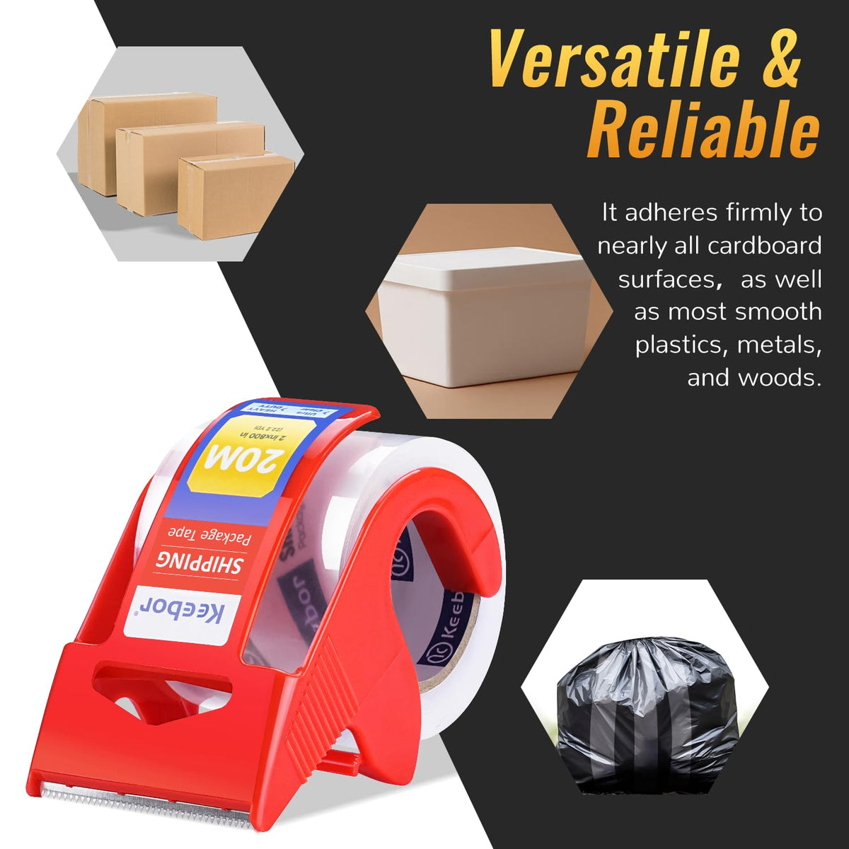 Keebor 12 Rolls Packaging Tape with Dispenser, Heavy Duty, Clear