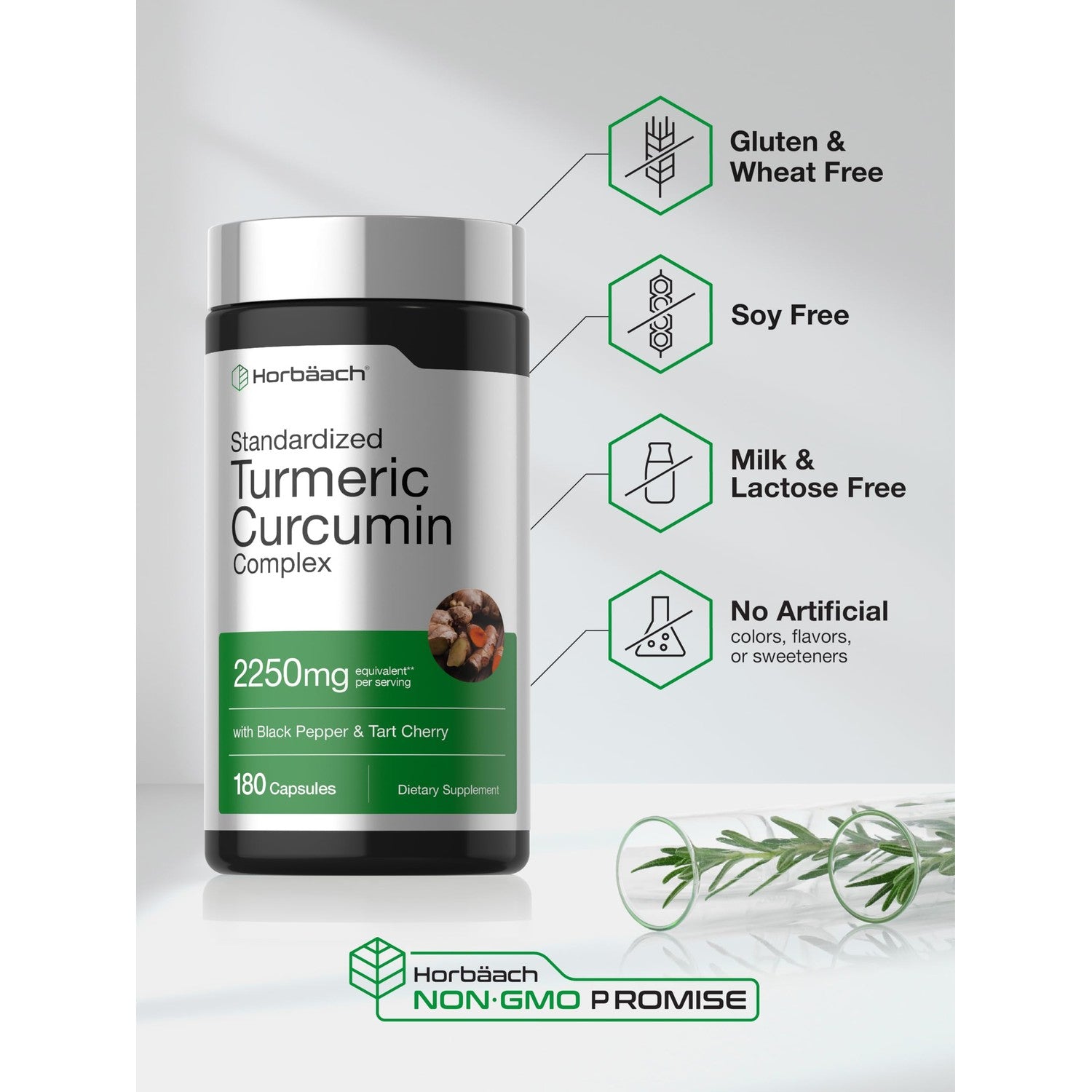 Horbäach Turmeric Curcumin Supplement | 180 Capsules | with Black Pepper & Tart Cherry | Non-GMO & Gluten Free