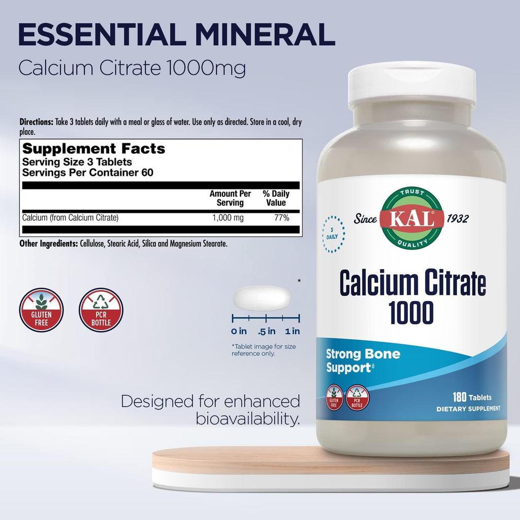 Buy now KAL Calcium Citrate 1000mg, Calcium Supplements for Women and Men, Bone Health, Teeth, Nervous, Muscular & Cardiovascular System Support, Gluten Free and Lab Verified, 60 Servings, 180 Tablets at indiglob india