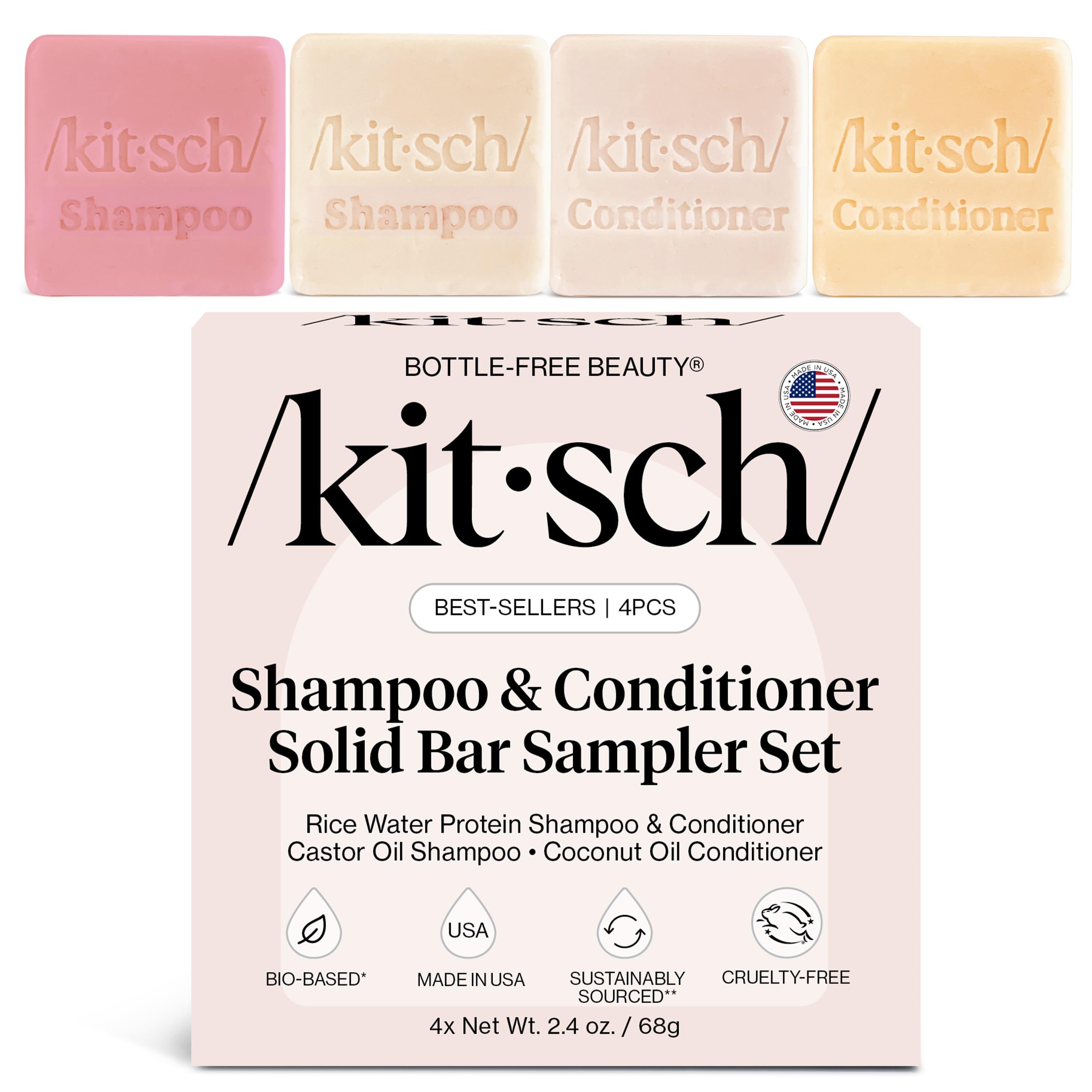 Buy now Kitsch Shampoo and Conditioner Set - 4pc Sampler Bars with Rice Water Shampoo and Conditioner, Castor Oil Shampoo & Coconut Oil Conditioner - Bottle-Free Beauty for Hair Growth, Repair & Moisture at indiglob india