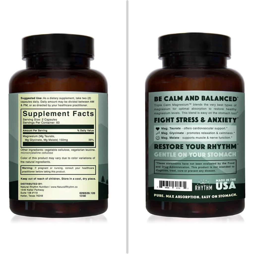 Buy now Natural Rhythm Triple Calm Magnesium 150 mg - 120 Capsules â€“ Magnesium Complex Compound Supplement with Magnesium Glycinate, Malate, and Taurate. Calming Blend for Promoting Rest and Relaxation. at indiglob india