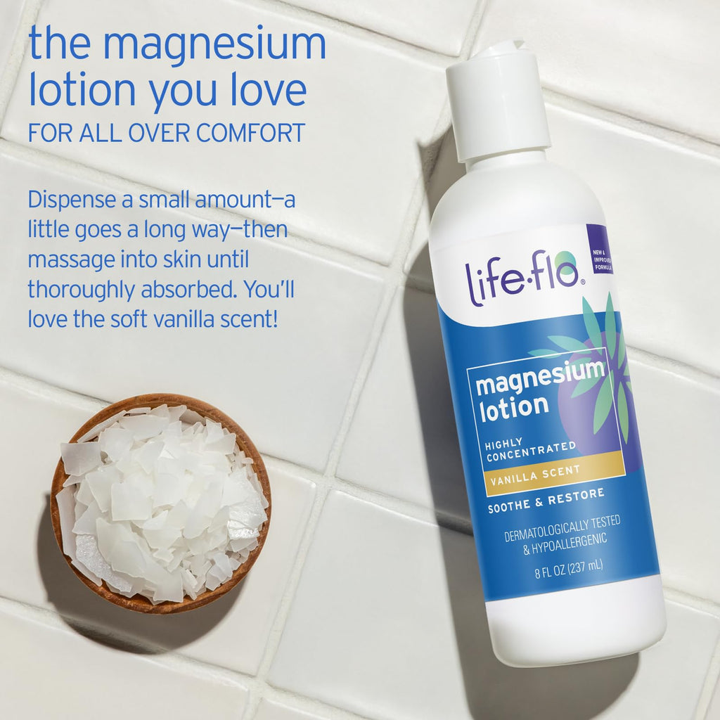 Buy now LIFE-FLO Magnesium Lotion - New, Improved Magnesium Chloride from Zechstein Seabed - Soothes Muscles, Joints When Massaged into Skin - Great for Kids, Hypoallergenic, 8oz Pack of 1, Vanilla at indiglob india