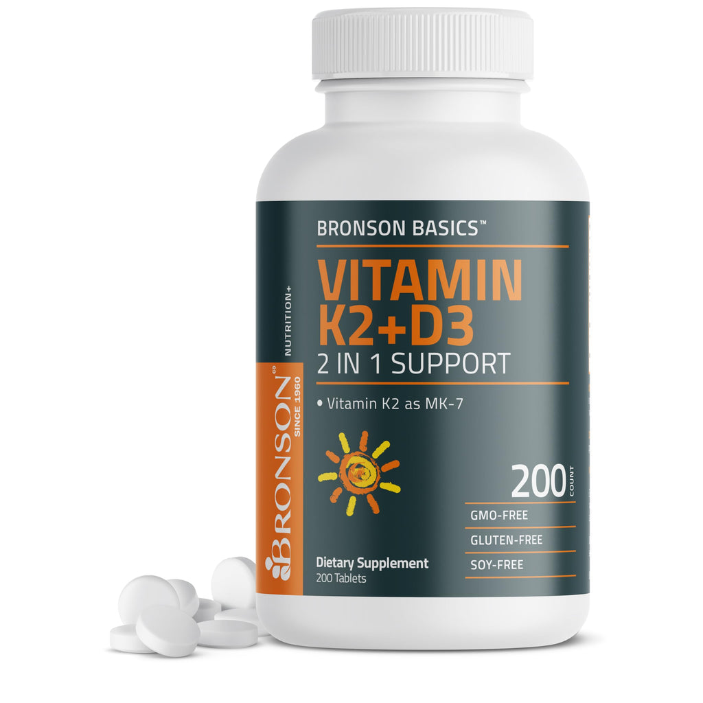 Bronson Vitamin K2 D3 (MK7) Supplement 2-in-1 D3 & K2 Complex, 120 Tablets | Bone, Immune & Heart Health Support, Gluten-Free, Soy-Free, Non-GMO, Vitamin D3 5000 IU (125 mcg) & 90 mcg K2 MK-7