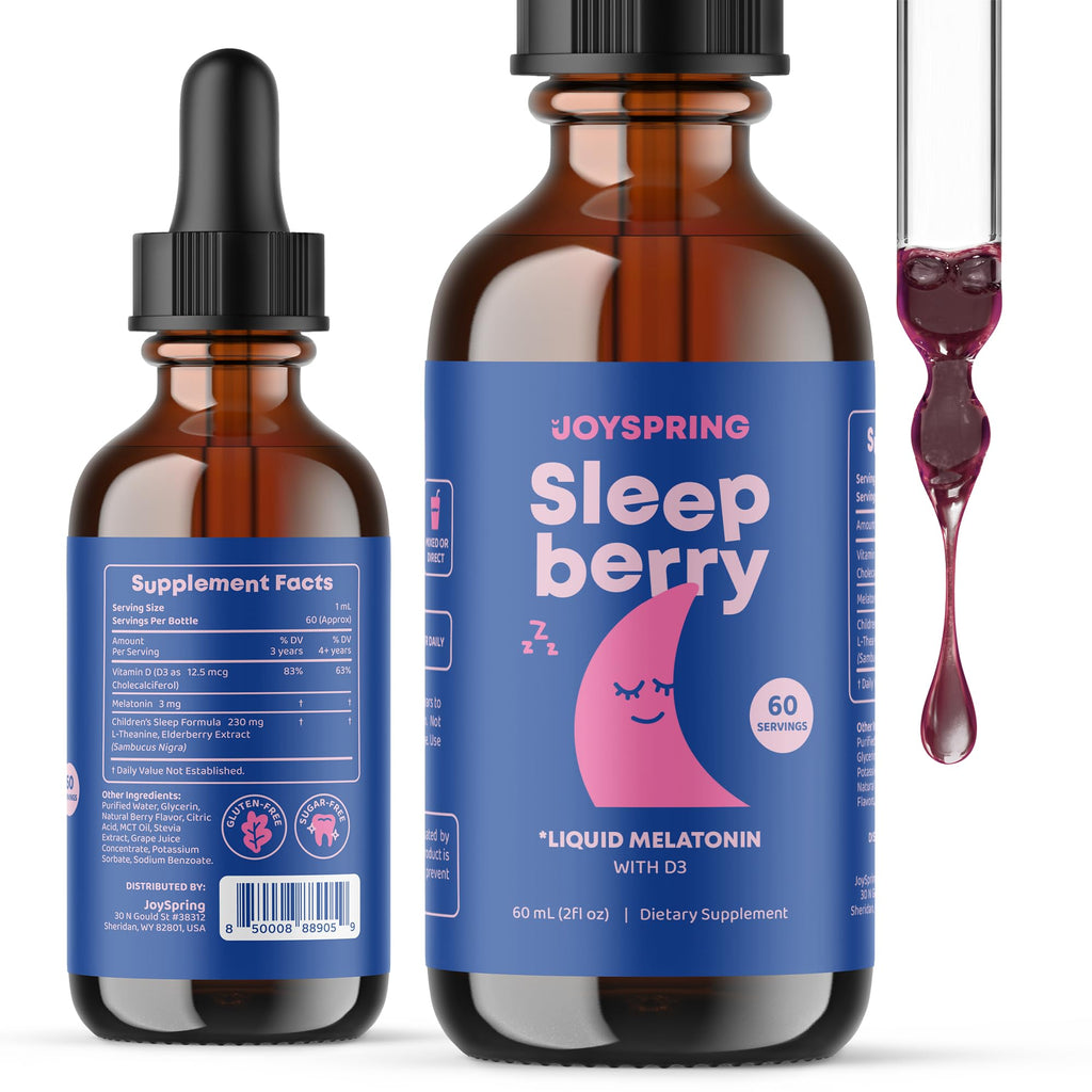 JoySpring SleepBerry Kids Melatonin 3mg Drops, Berry, 1 fl oz, 30 Ct | With L-theanine and Vitamin D plus soothing botanicals, supports calm, restful nights, non-habit forming, sugar-free