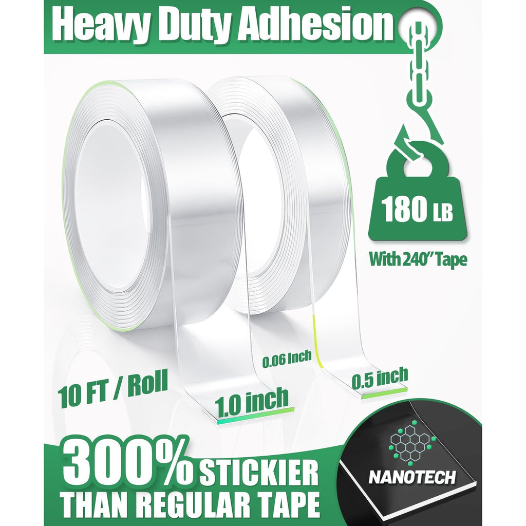 Double Sided Tape Heavy Duty, 2 Rolls 20 Feet, Clear Nano Mounting Tape
