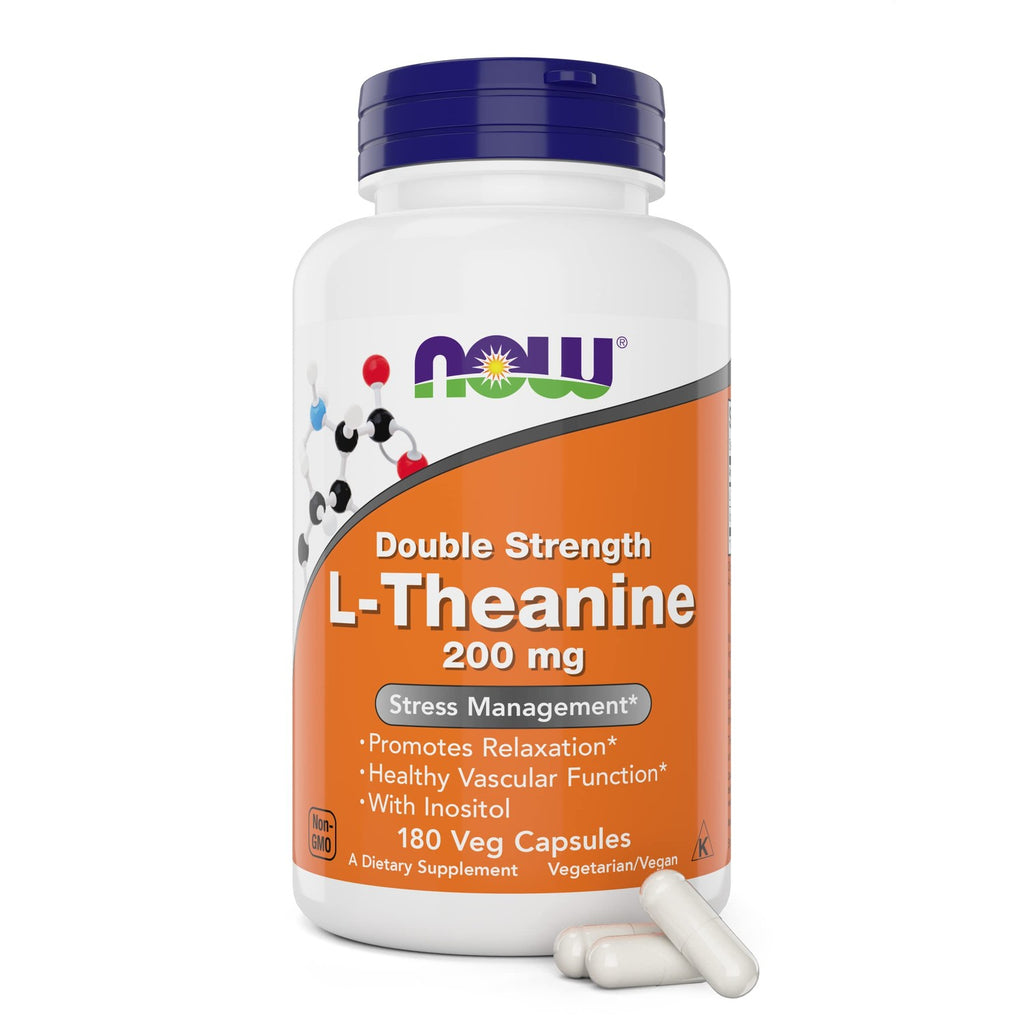 NOW Foods L-Theanine, Double Strength 200 mg Per Cap - 180 Veg Capsules - Enhanced with 100mg Inositol - Vegetarian, Non-GMO - Ltheanine 200mg Supplement