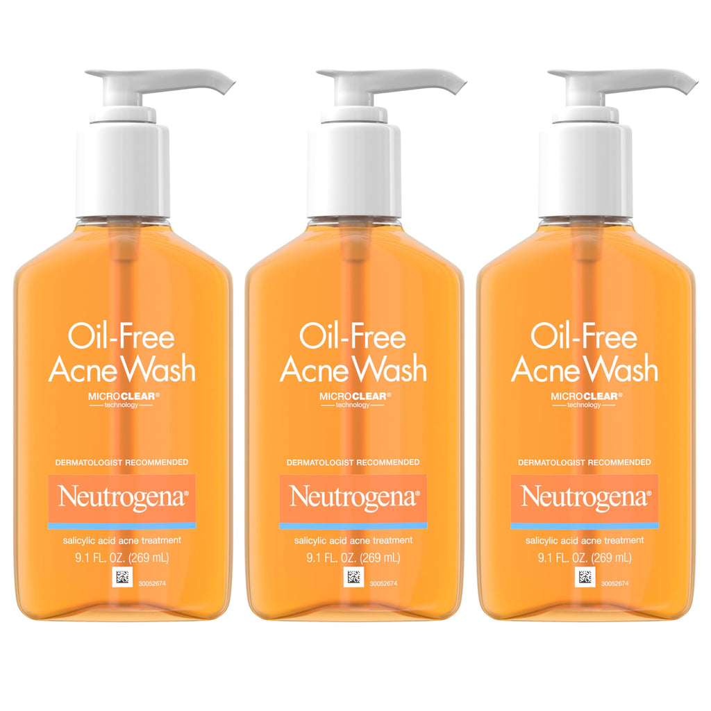 Buy now Neutrogena Oil-Free Acne Wash, Acne Fighting Facial Cleanser with Salicylic Acid Medicine, Acne Treatment for Face, Non-Comedogenic, Residue-Free, 9.1 fl oz Pump Bottles, 3 Pack at indiglob india