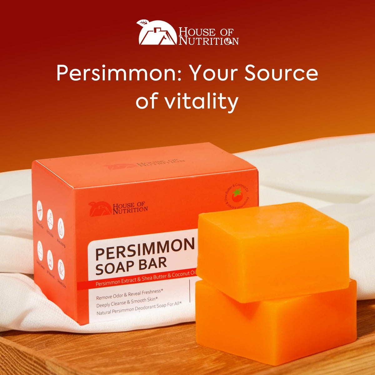 Persimmon Soap Bar for Body Odor Control, Japanese Persimmon and Tea Tree Deodorizing Soap for Nonenal Aging Odor, Men and Women, Gentle Non Drying, Pack of 3