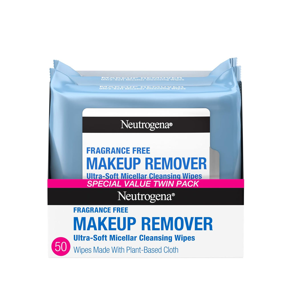 Buy now Neutrogena Fragrance-Free Makeup Remover Wipes, Daily Facial Cleanser Towelettes, Gently Removes Oil & Makeup, Alcohol-Free Makeup Wipes, Twin Pack, 2 x 25 ct at indiglob india