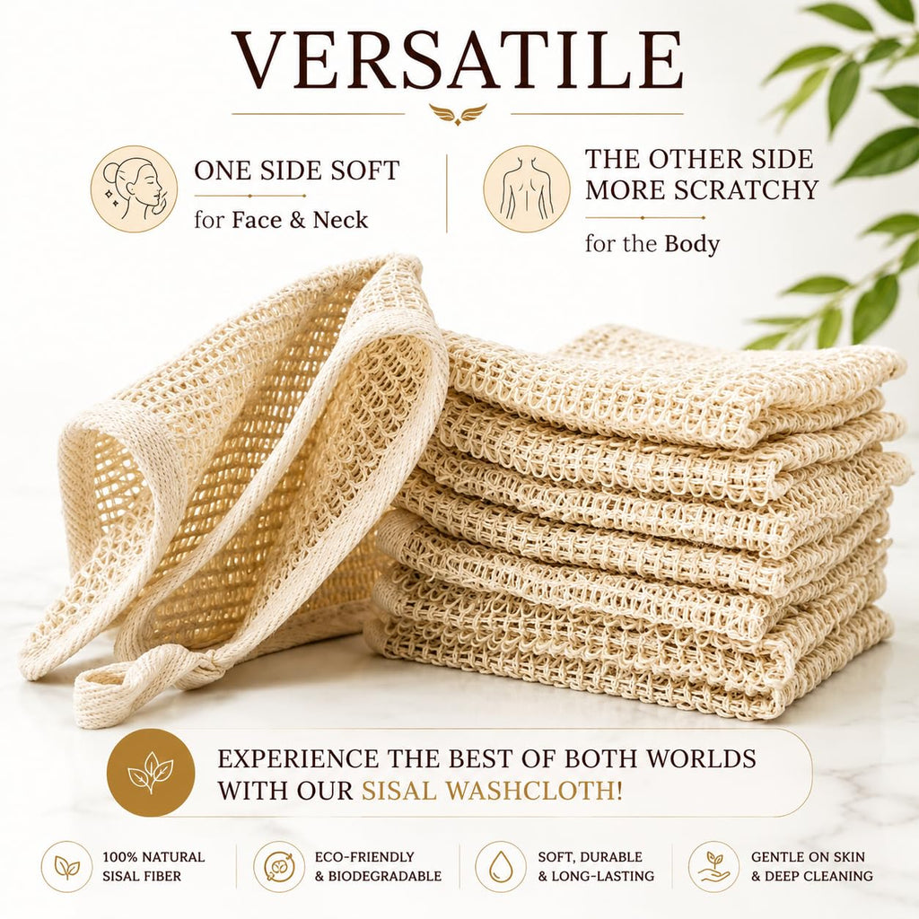 100% Natural Sisal Washcloth. Gentle Exfoliation for Smoother Skin. Durable & Reusable for Face & Body. 100% Biodegradable. Removes Dead Skin Cells and Dirt (3 Pcs)