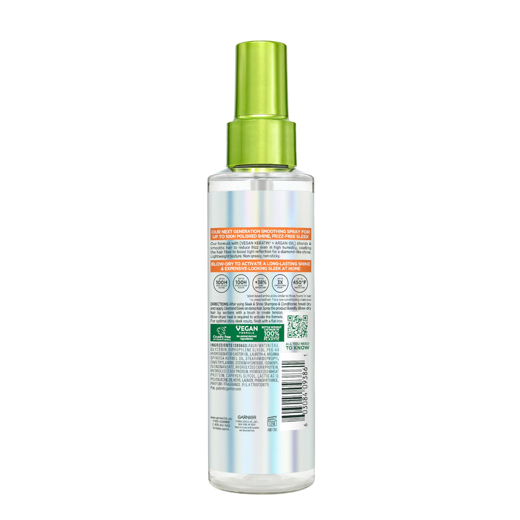 Garnier Fructis Diamond Sleek Hair Shine Spray, Up to 100-Hour Frizz Control, Heat Protectant up to 450°F with Vegan Keratin Smoothing Complex and Argan Oil for Frizzy, Dry, Dull Hair, 4.6 Fl Oz