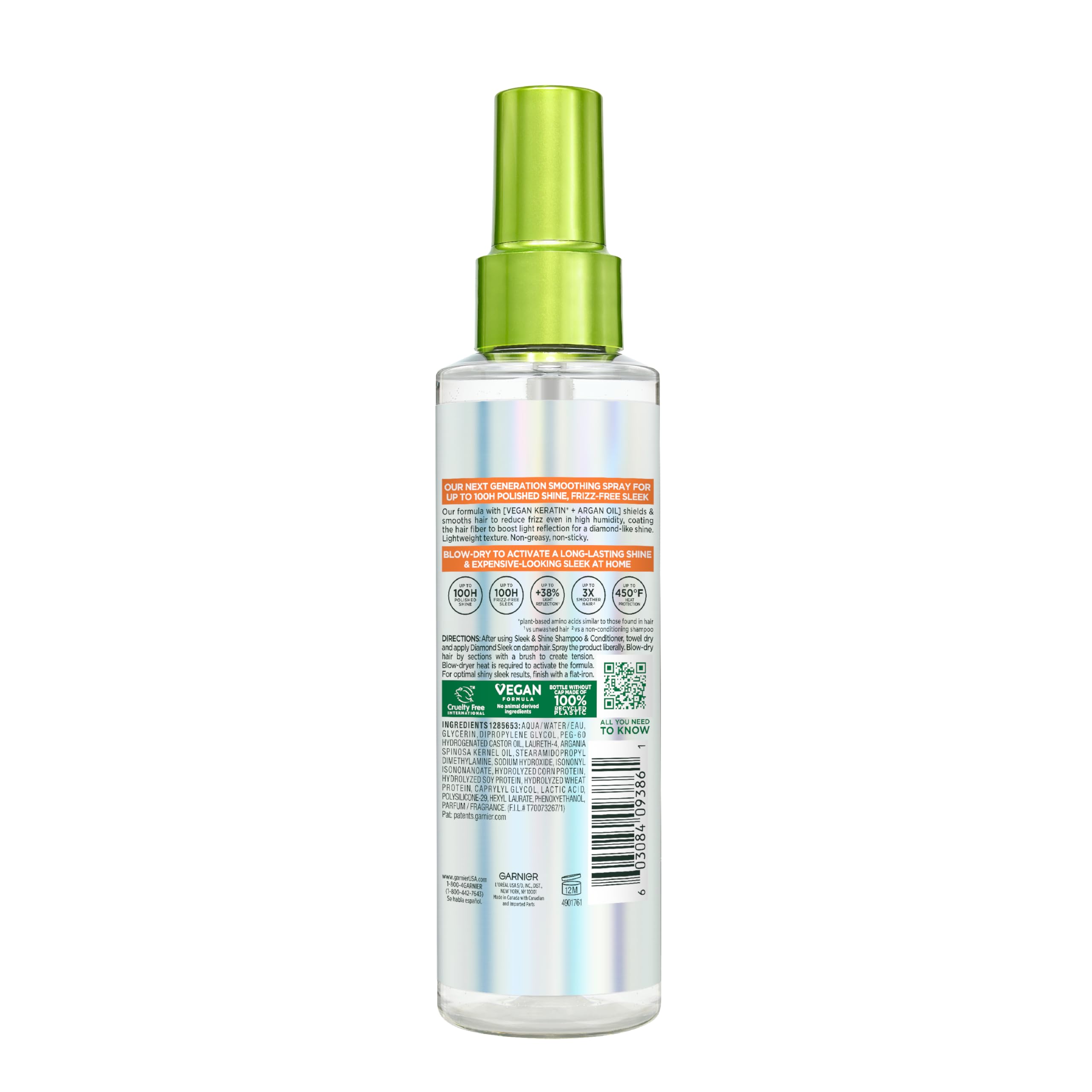 Garnier Fructis Diamond Sleek Hair Shine Spray, Up to 100-Hour Frizz Control, Heat Protectant up to 450°F with Vegan Keratin Smoothing Complex and Argan Oil for Frizzy, Dry, Dull Hair, 4.6 Fl Oz