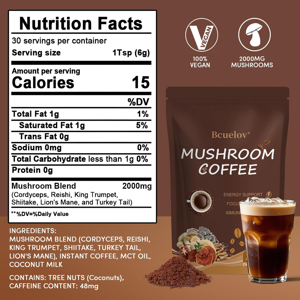 Mushroom Coffee, Instant Mushroom Coffee Powder with 6 Adaptogenic Mushrooms (Cordyceps, Lion’s Mane, Shiitake, Turkey Tail) and MCT Oil for Better Energy, Focus, Immune Support - 30 Servings