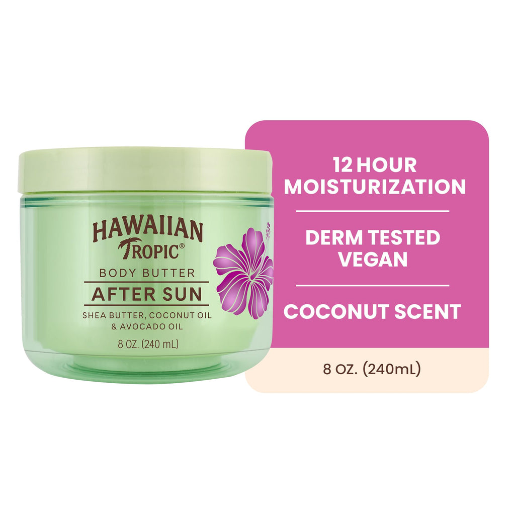 Hawaiian Tropic After Sun Body Butter with Coconut Oil, 8 Oz | Moisturizing after sun lotion, 12 hours of hydration, Coconut scent, Made with shea butter, Soothes skin