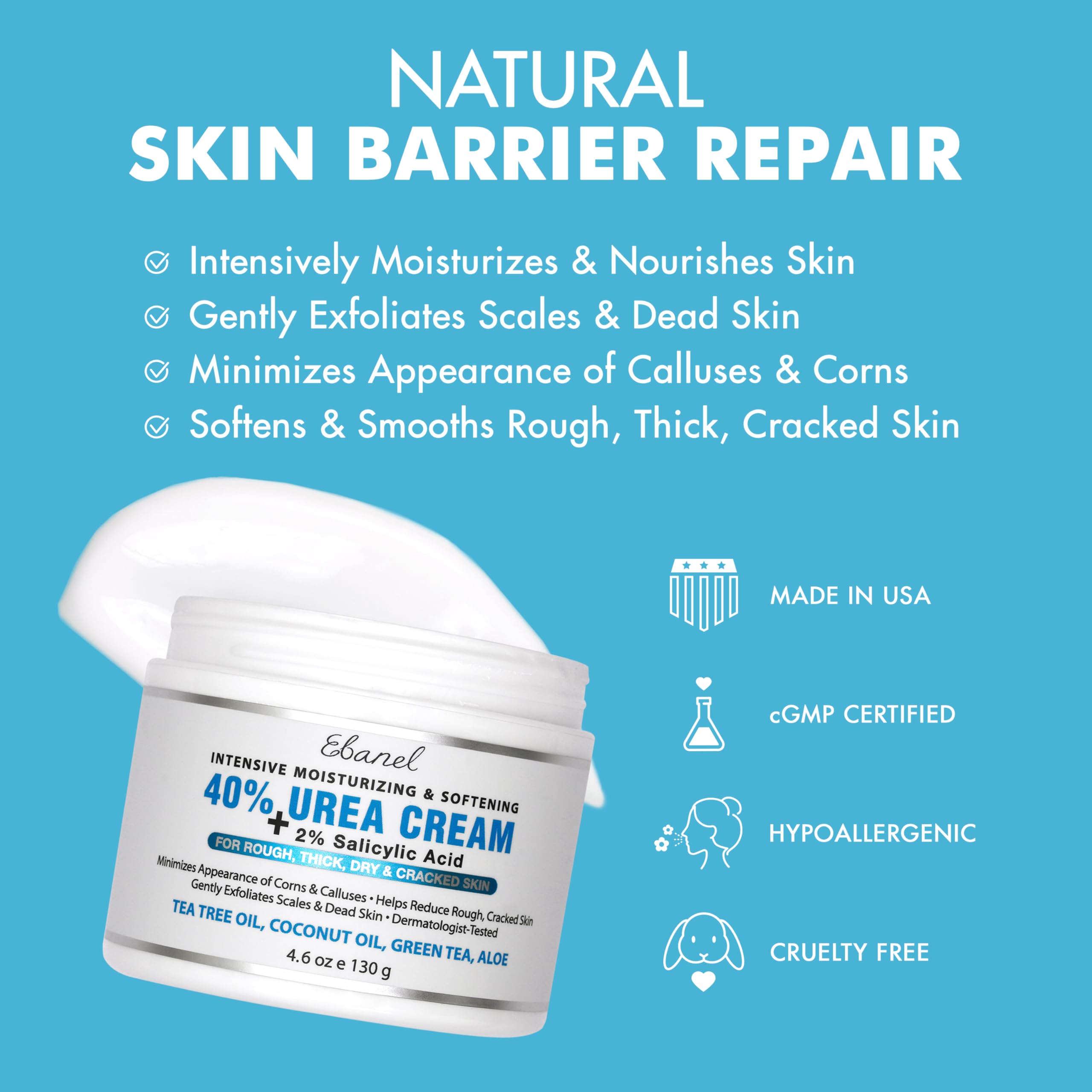 Ebanel Urea Cream 40% plus Salicylic Acid 2% for Dry Cracked Feet Skin | Deeply Moisturizes & Softens Dry Cracked Heels, Feet, Knees, Elbows, Hands, Rough Dead Skin Callus Remover Toenail Softener