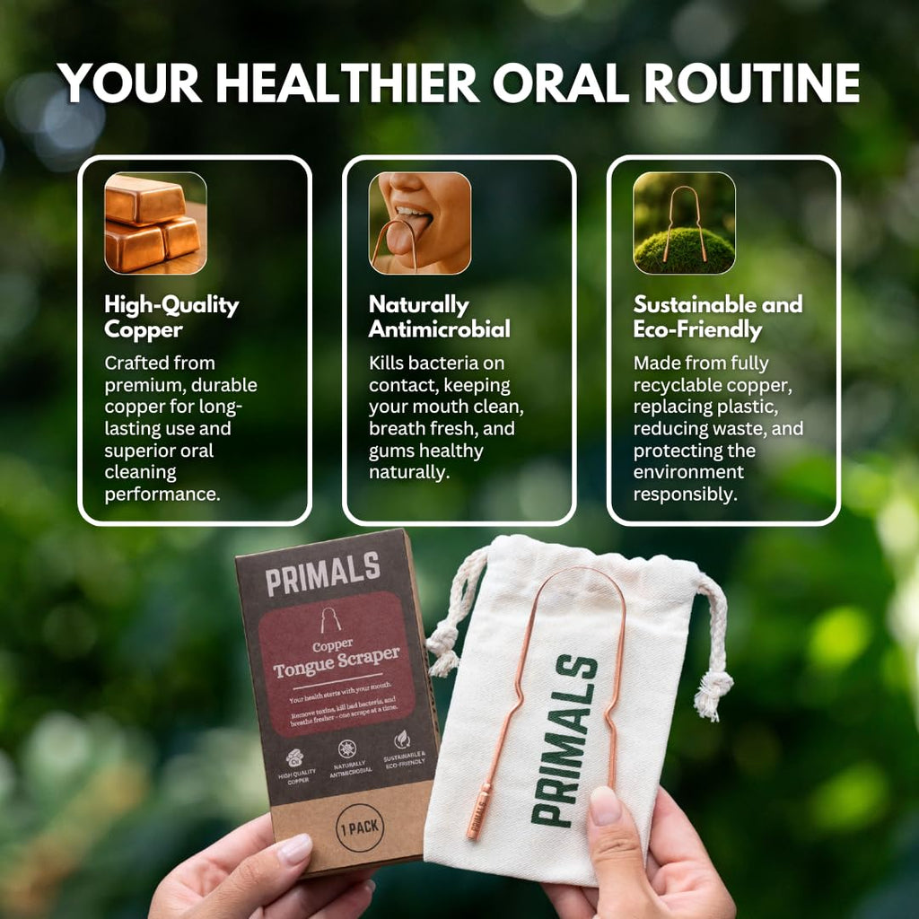 PRIMALS Copper Tongue Scraper - Fresher Breath & Improved Oral Health - Natural Ayurvedic Cleaner for Daily Detox - Rust-Resistant, Eco-Friendly with Travel Cloth Pouch Included (1 Count)