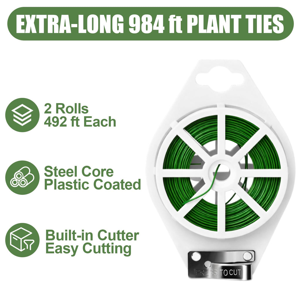 984FT Total (2 Rolls, 492FT Each) Garden Twist Ties with Cutter, Plant Ties for Tomatoes & Vines, Reusable Garden Ties for Gardening, Cable Management & Home Organization