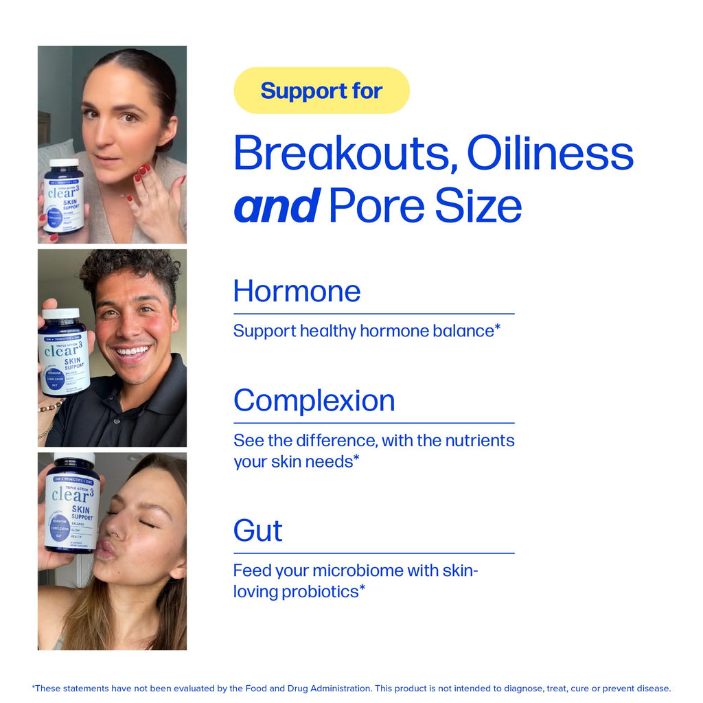 Clear Skin Supplement Acne Support, Zinc DIM, Probiotics, Doctor-Formulated | 3-in-1 Hormone, Gut & Complexion Support, Triple Action Hyaluronic Acid & Vitamins for Skin Balance and Glow, 180 Capsules