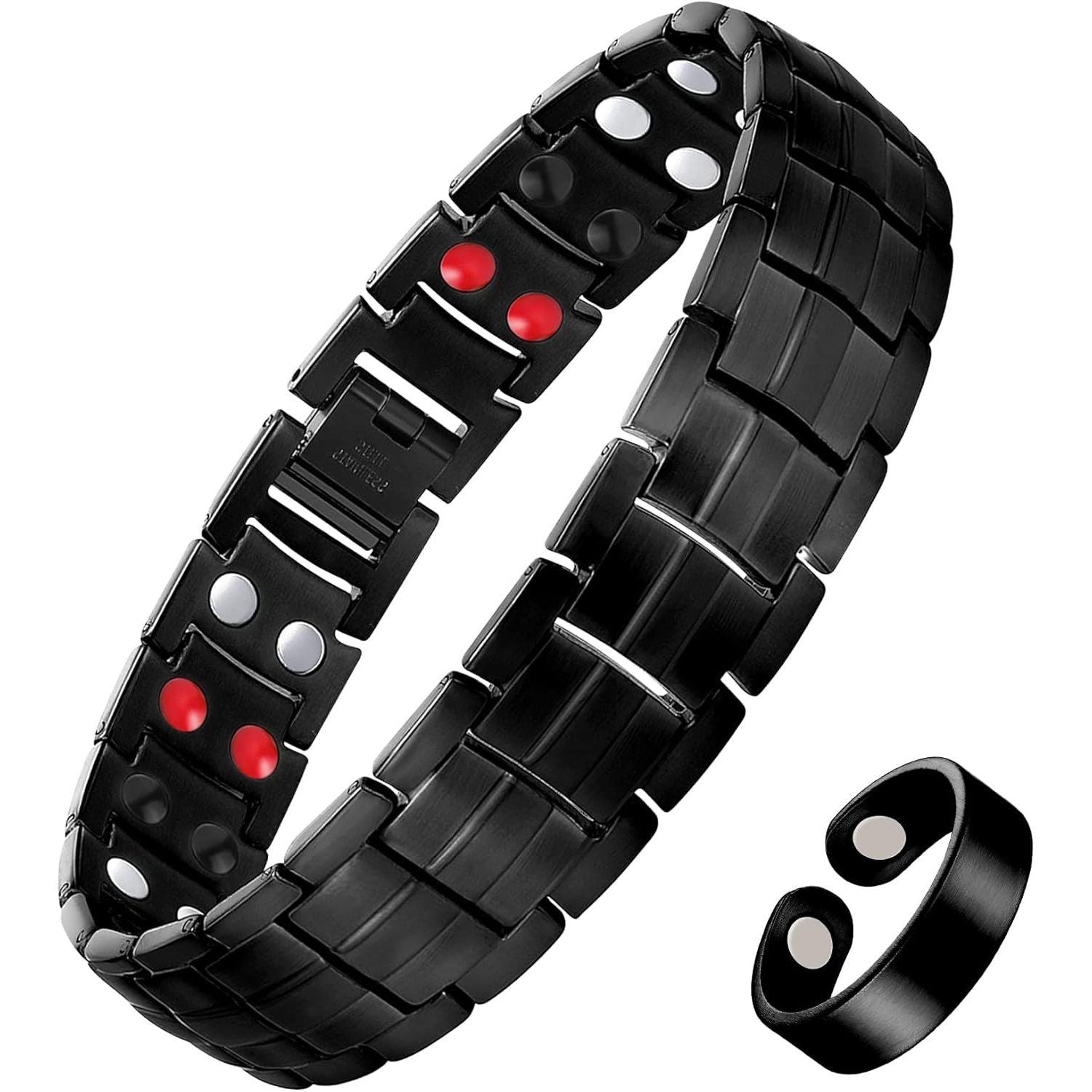Buy now Feraco Mens Magnetic Bracelet Titanium Steel Magnetic Bracelet with Double Row 4 Elements Magnets (Silver) Black with Ring at indiglob india