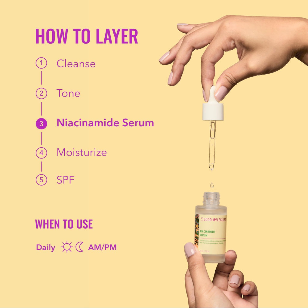 Good Molecules Niacinamide Serum 10%, Pore & Texture Serum, 1 fl oz | 10% niacinamide serum to refine skin texture and minimize the look of pores. Non-comedogenic.