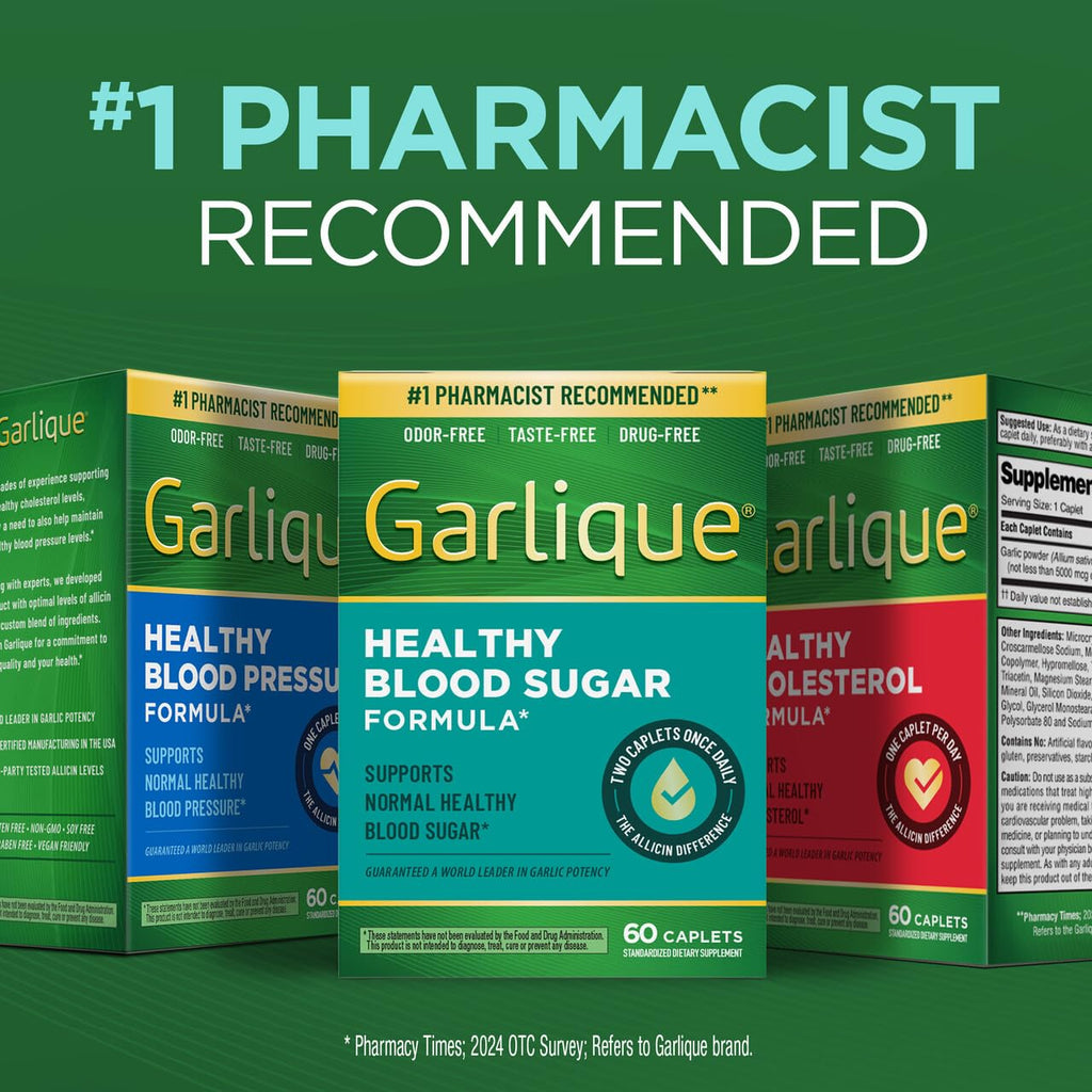 Garlique Garlic Extract Supplement, Healthy Blood Sugar Formula, Blood Sugar Support, 6000 mcg allicin, Odorless & Vegan, 60 Caplets