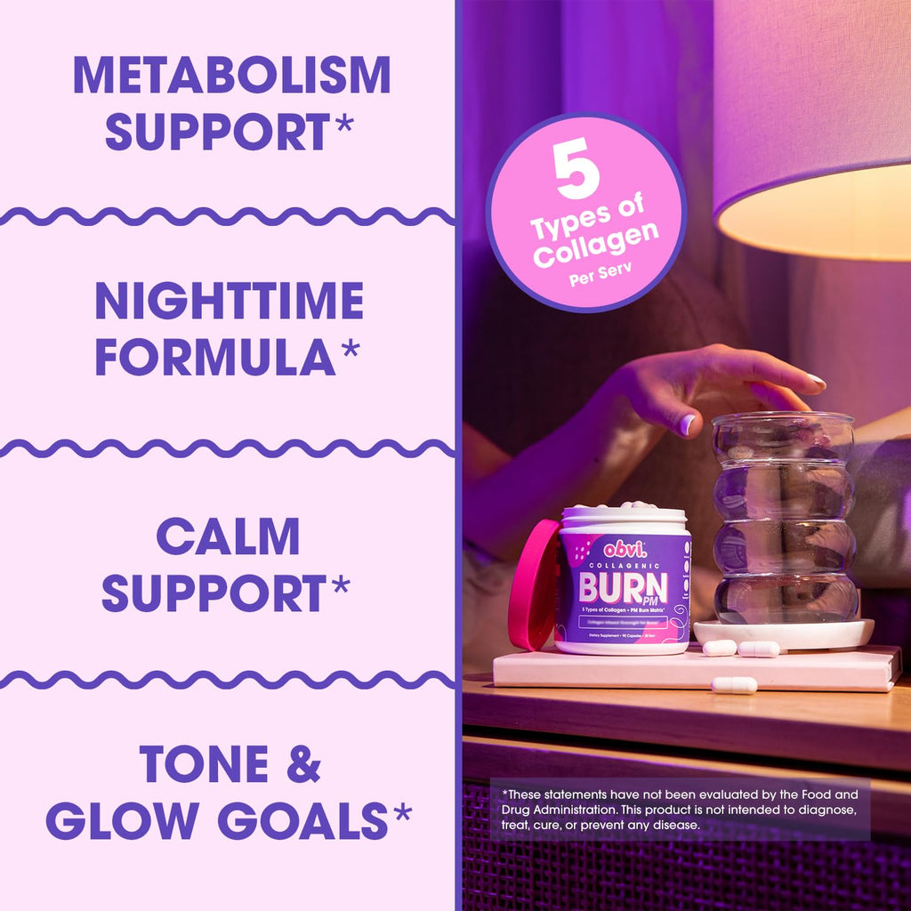 Obvi Collagenic Burn PM | Nighttime Collagen Peptides for Sleep & Recovery | 5 Types Collagen + Ashwagandha, GABA & Melatonin | CapsiBurn Metabolic Support | 90 Capsules | Made in USA