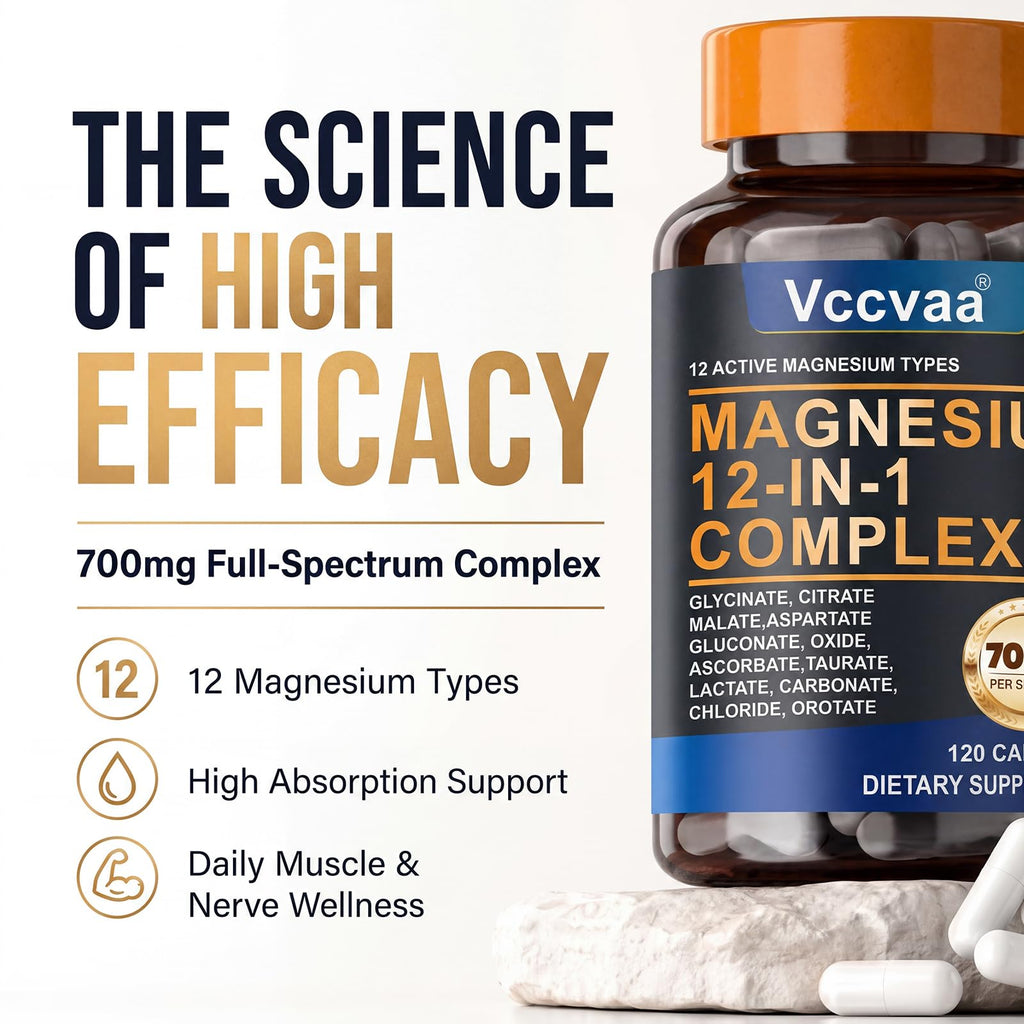 Magnesium Complex 700mg | 12-in-1 High Absorption Supplement | Glycinate, Citrate, Malate, Taurate & More | Sleep Support, Muscle Cramp Relief, Stress, Heart & Nerve Health | 120 Vegan Capsules