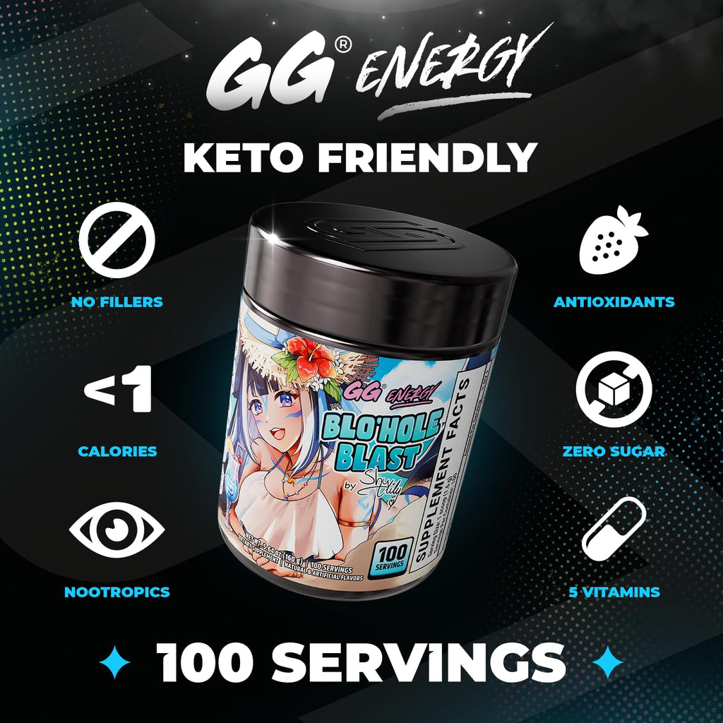 Gamer Supps GG Energy - Blo'hole Blast by Shylily (100 Servings) - Keto Friendly Gaming Energy and Nootropic Blend, Sugar Free + Caffeine + Vitamins + Immune Support, Powder Drink