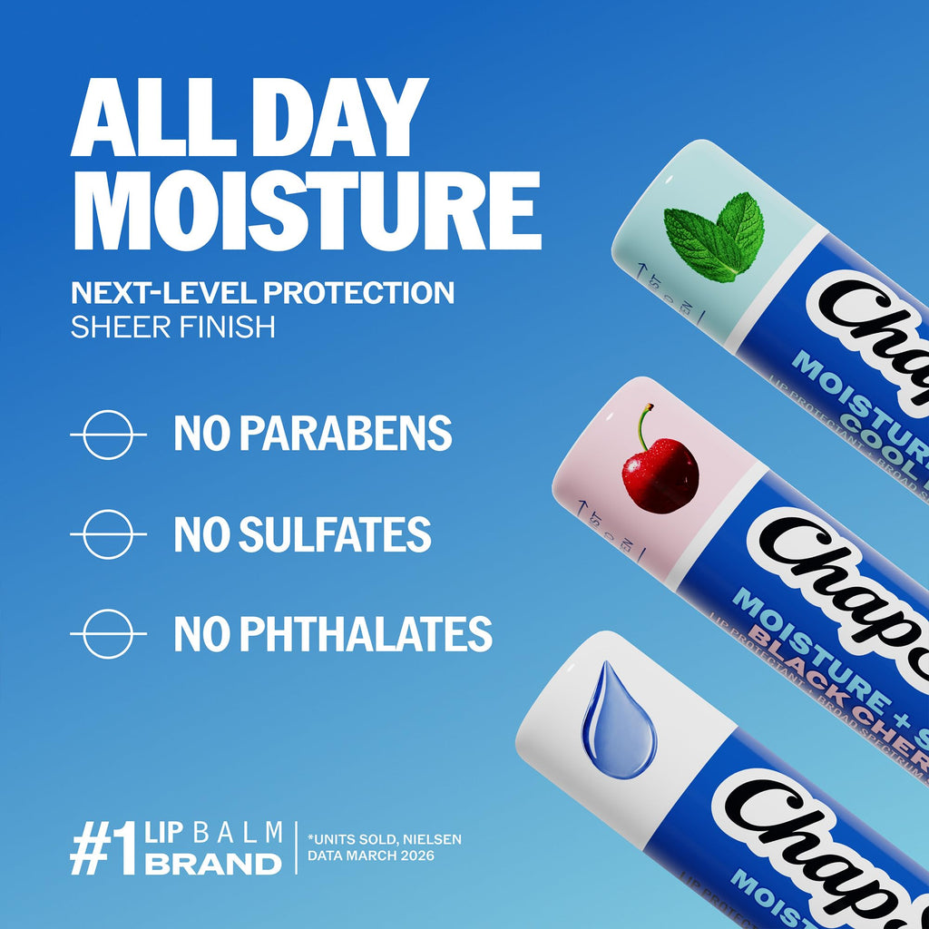 ChapStick Moisture + SPF 15 Lip Balm Sunscreen Variety 5-Pack, 0.15 Oz Ea | Variety 3-Pack (1 Original, 1 Cool Mint, and 1 Black Cherry) + 2 Original Moisture Lip Moisturizers with Sun Protection