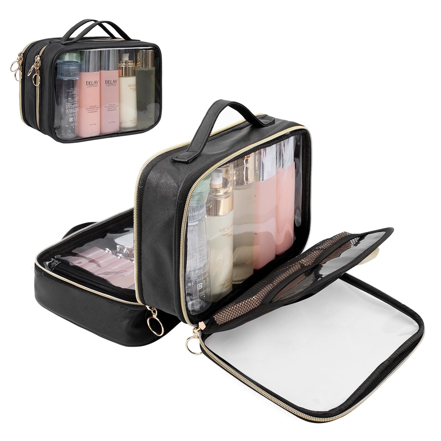 Buy now OCHEAL Makeup Bag, Double Layer Cosmetic Bag, Large Capacity New Look Clear Cosmetic Case for Women Travel Beauty Essentials, Multiple Compartments Makeup Case Organizer Zipper Pouch -Black Large 07_clear at indiglob india