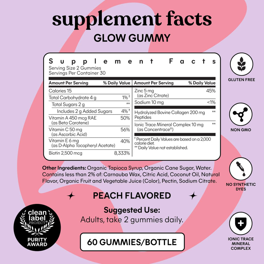 Lemme Glow Collagen Gummies for Strong Nails & Healthy Skin, 30-Day Supply | Strong hair & nails, Healthy Skin, Peptides, Biotin, Trace Minerals, Zinc, Vitamins A, C & E, Dairy & Gluten Free