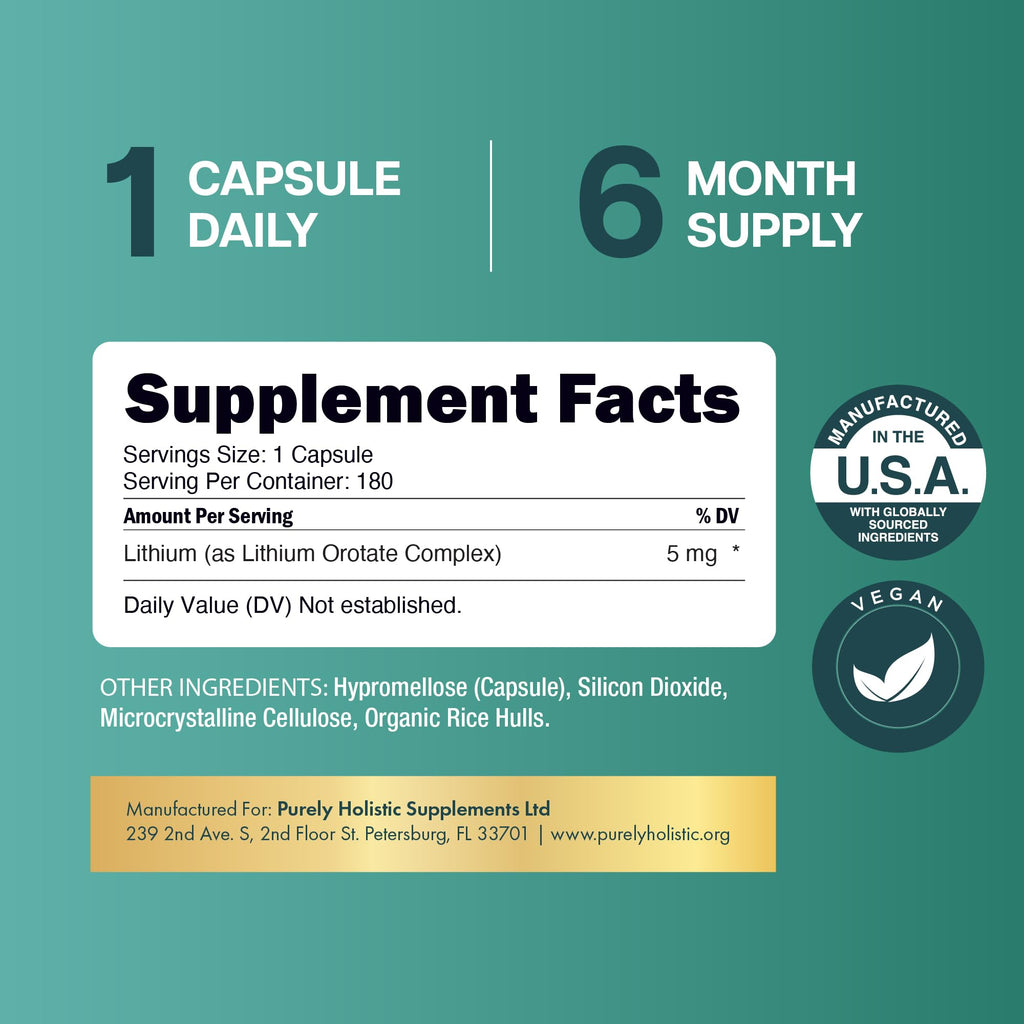 Lithium Orotate 5mg, Mood and Emotional Balance Support, 6 Month Supply