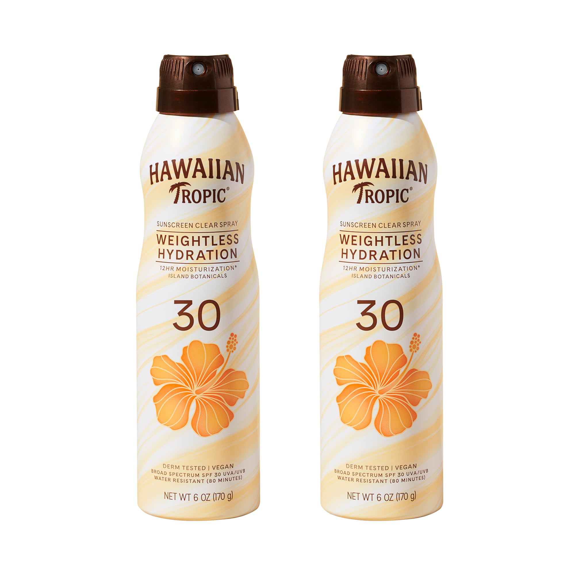 Hawaiian Tropic Weightless Hydration SPF 30 Sunscreen Spray, 6 Oz (2 Pack) | Clear body sunscreen, Lightweight texture, Water resistant sunblock, Continuous spray application, 12 hour hydration