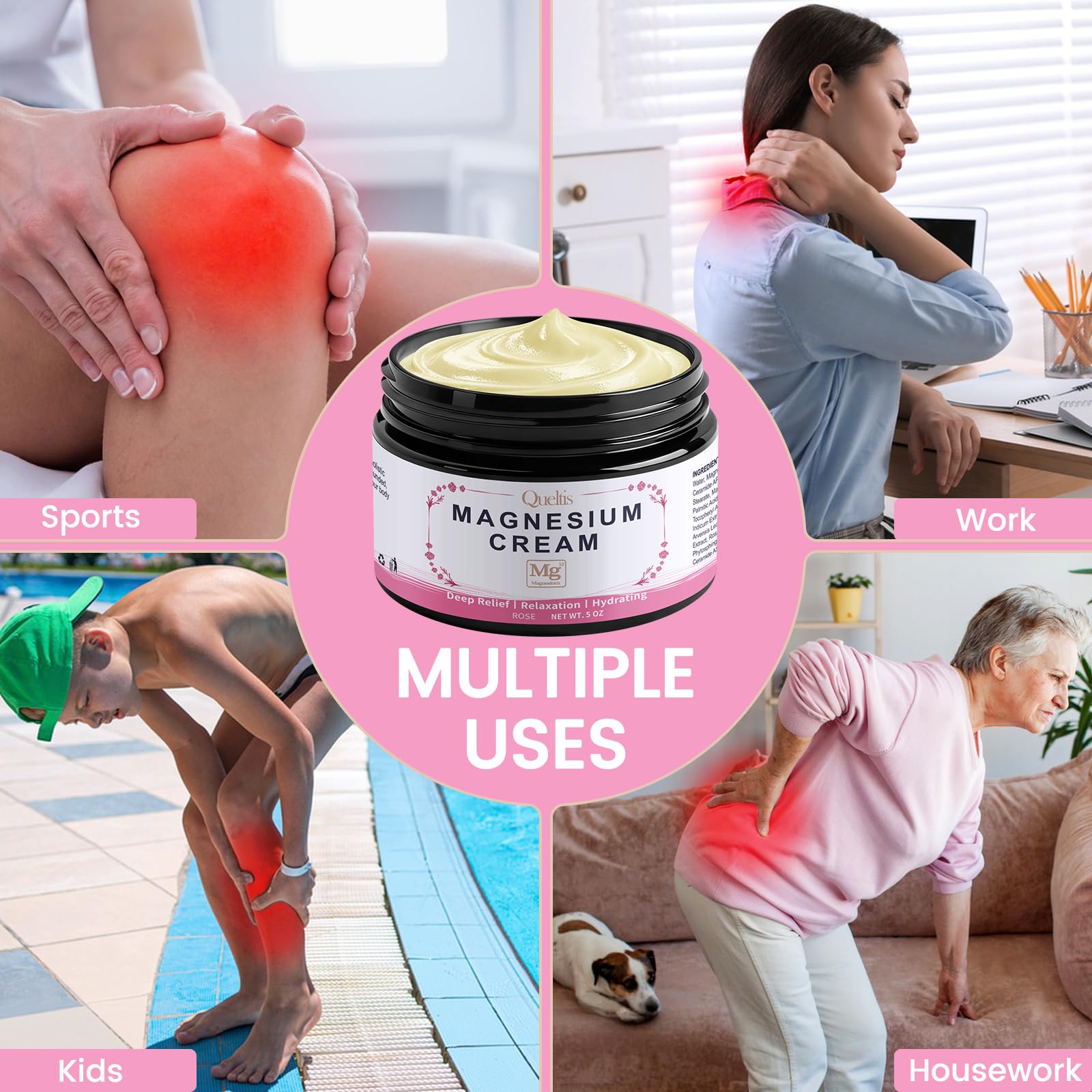 Magnesium Lotion, Magnesium Cream for Sleep, Pain & Leg Cramps, Topical Magnesium Chloride Cream for Muscle Relaxation, Calming, Moisturizing - Skin-Friendly & Safe for Kids | 5OZ (Rose)