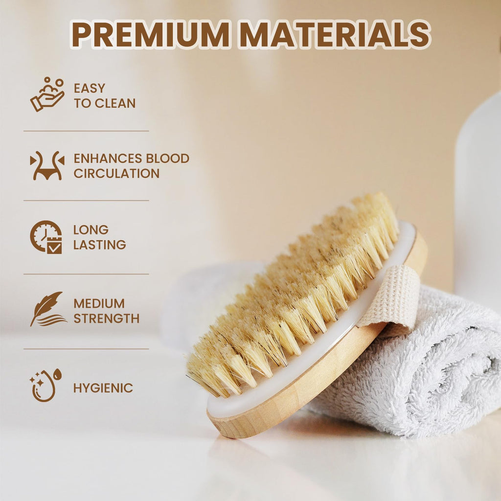 POPCHOSE Dry Brushing Body Brush, Natural Boar Bristle Exfoliating Brush | Body Scrub for Smoother Skin: Supports Cellulite Treatment, Lymphatic Drainage and Blood Circulation Improvement