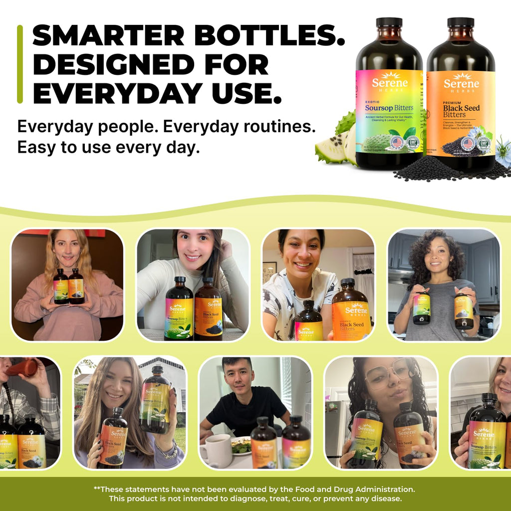 Serene Herbs Soursop Bitters Liquid & Black Seed Bundle – Organic Herbal Guanabana for Digestive Support – Vegan, Non-GMO – 32 oz (16 oz Each), (2 Pack)