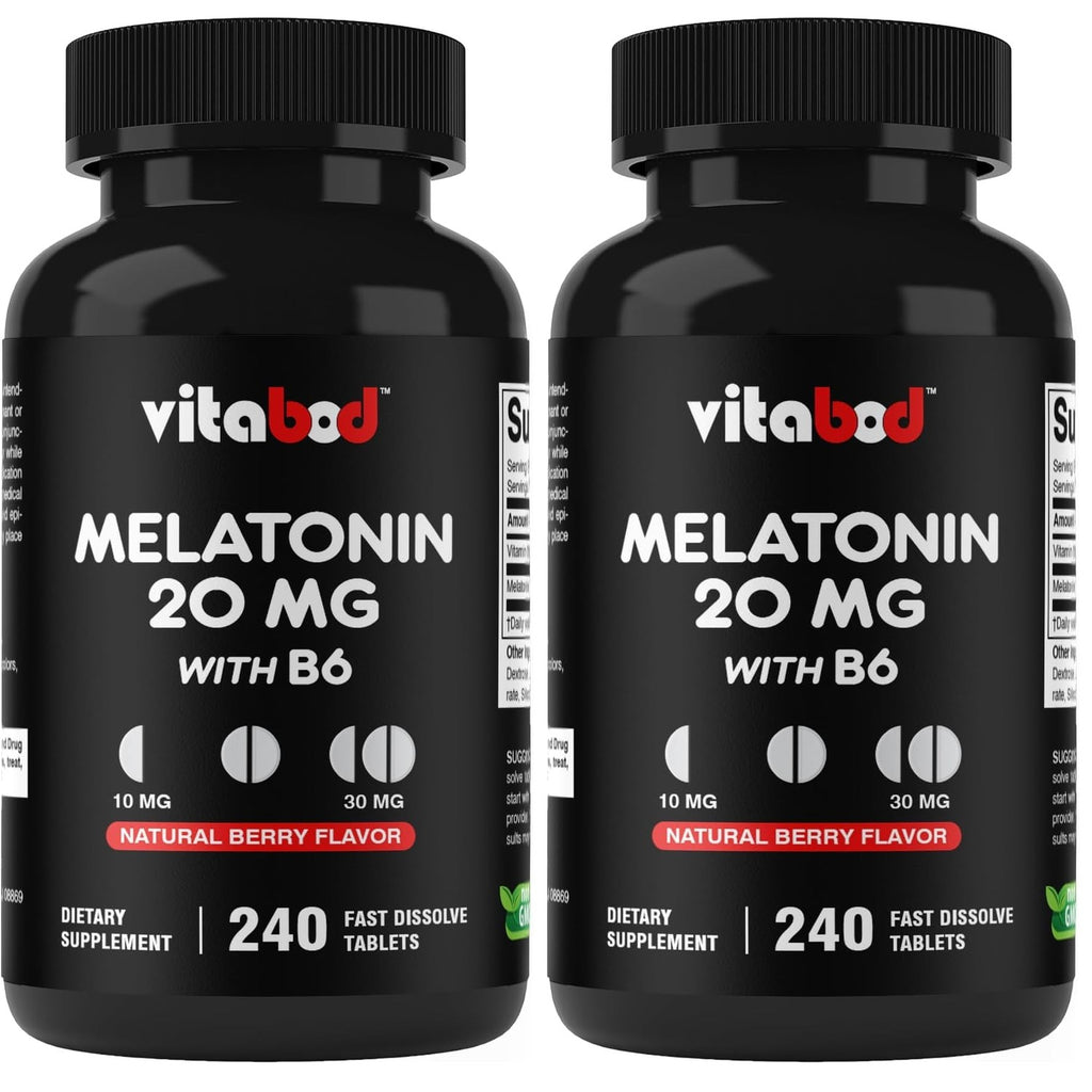 Vitabod Melatonin 20 mg Fast Dissolve Tablets with Vitamin B6, 240 Ct | Natural Berry Flavor, Sleep Support*, Non-GMO, Gluten Free, Made in USA