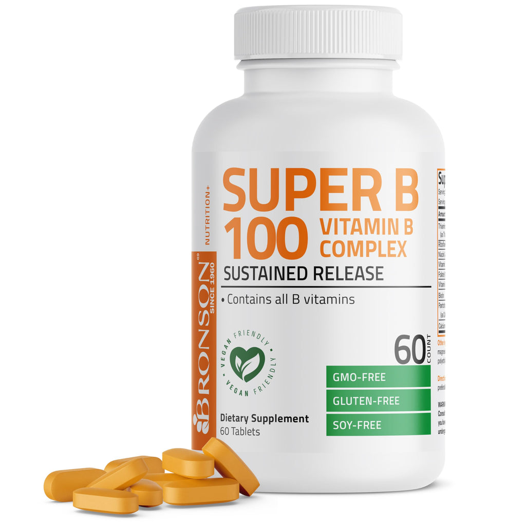 Bronson Super B100 Vitamin B Complex Sustained Release, 120 Tablets | B1, B2, B3, B6, Folic Acid, B12, Biotin & Pantothenic Acid, Energy & Nerve Support, Non-GMO, Gluten-Free & Soy-Free