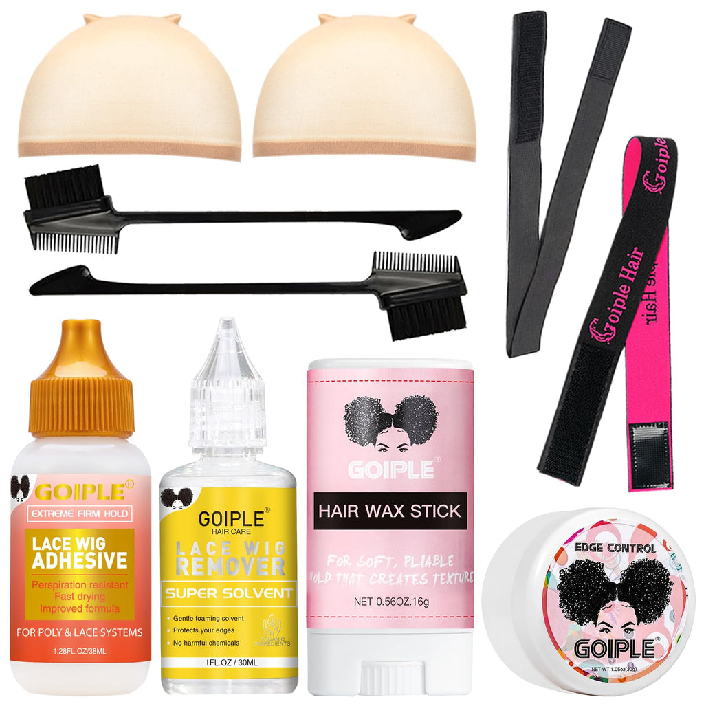 Wig Accessory Essentials Kit Lace Front Wig Glue & Remover, Wig Caps, Elastic Band, Hair Wax Stick, Edge Control, Edge Brush, Hair Shear Dermaplanning Razor Tool and Edge Scarf - 10PCS