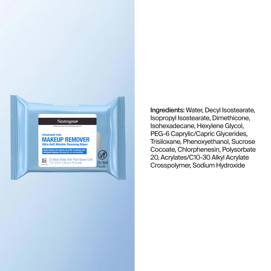 Neutrogena Makeup Remover Wipes, Fragrance-Free, 2 Pack of 25 Ct | Micellar Cleansing Cloths, Gently Removes Oil, Dirt, and Waterproof Makeup, Plant-Based Cloth, Twin Pack