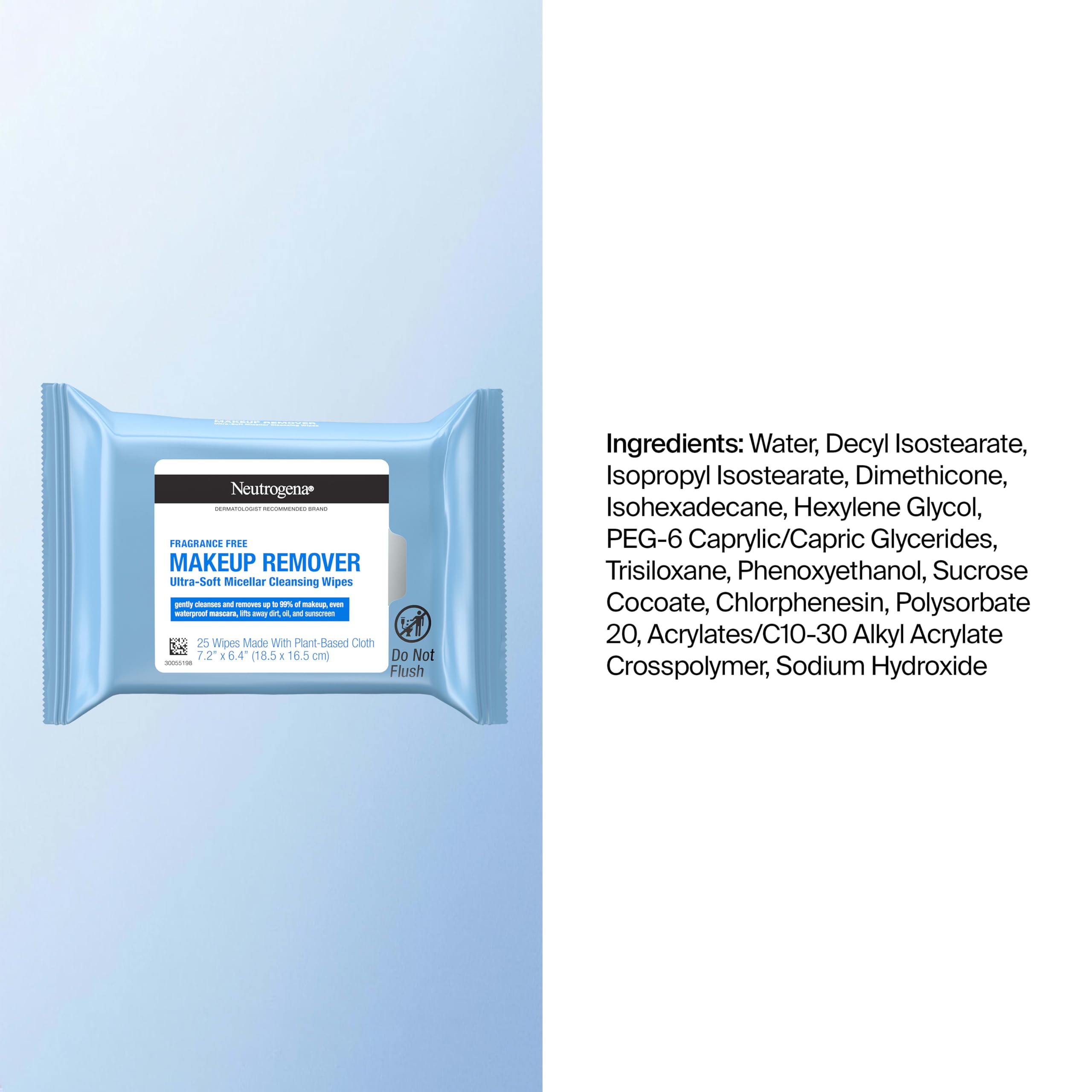 Neutrogena Makeup Remover Wipes, Fragrance-Free, 2 Pack of 25 Ct | Micellar Cleansing Cloths, Gently Removes Oil, Dirt, and Waterproof Makeup, Plant-Based Cloth, Twin Pack