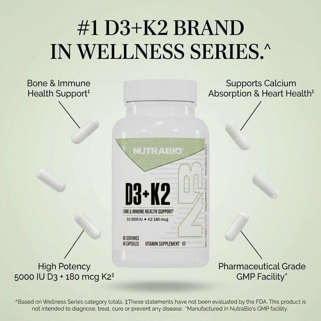 NutraBio Vitamin D3 K2 | 5000 IU D3 as Cholecalciferol with Vitamin K2 as MENA-Q MK7 (180mcg) | Support Bone and Heart Health | Non-GMO, Gluten Free, Lactose Free | 60 Vegetable Capsules