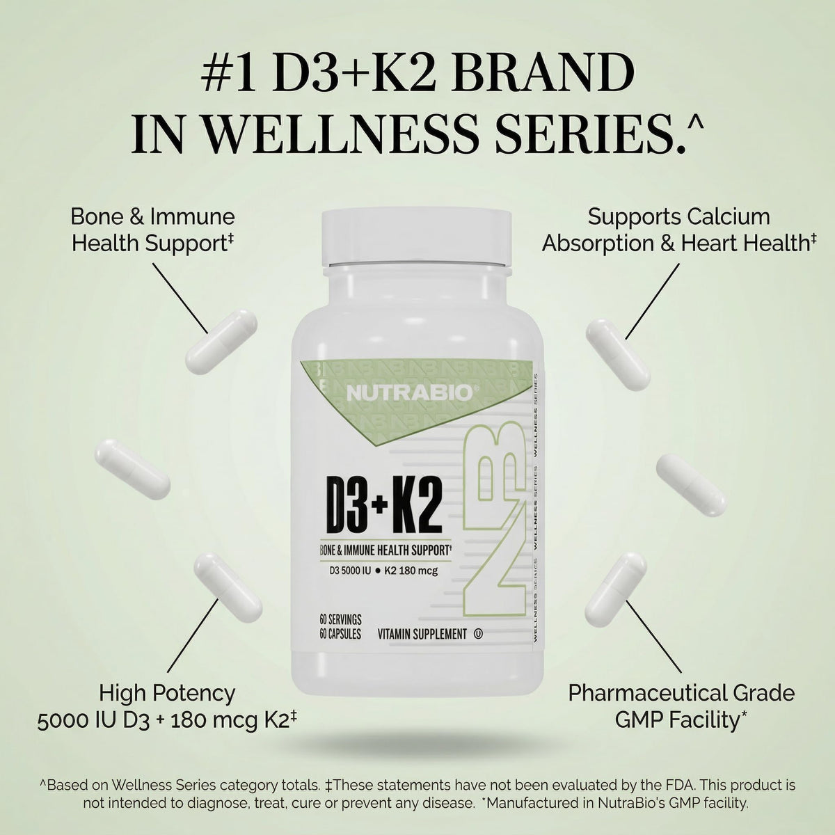 NutraBio Vitamin D3 K2 | 5000 IU D3 as Cholecalciferol with Vitamin K2 as MENA-Q MK7 (180mcg) | Support Bone and Heart Health | Non-GMO, Gluten Free, Lactose Free | 60 Vegetable Capsules