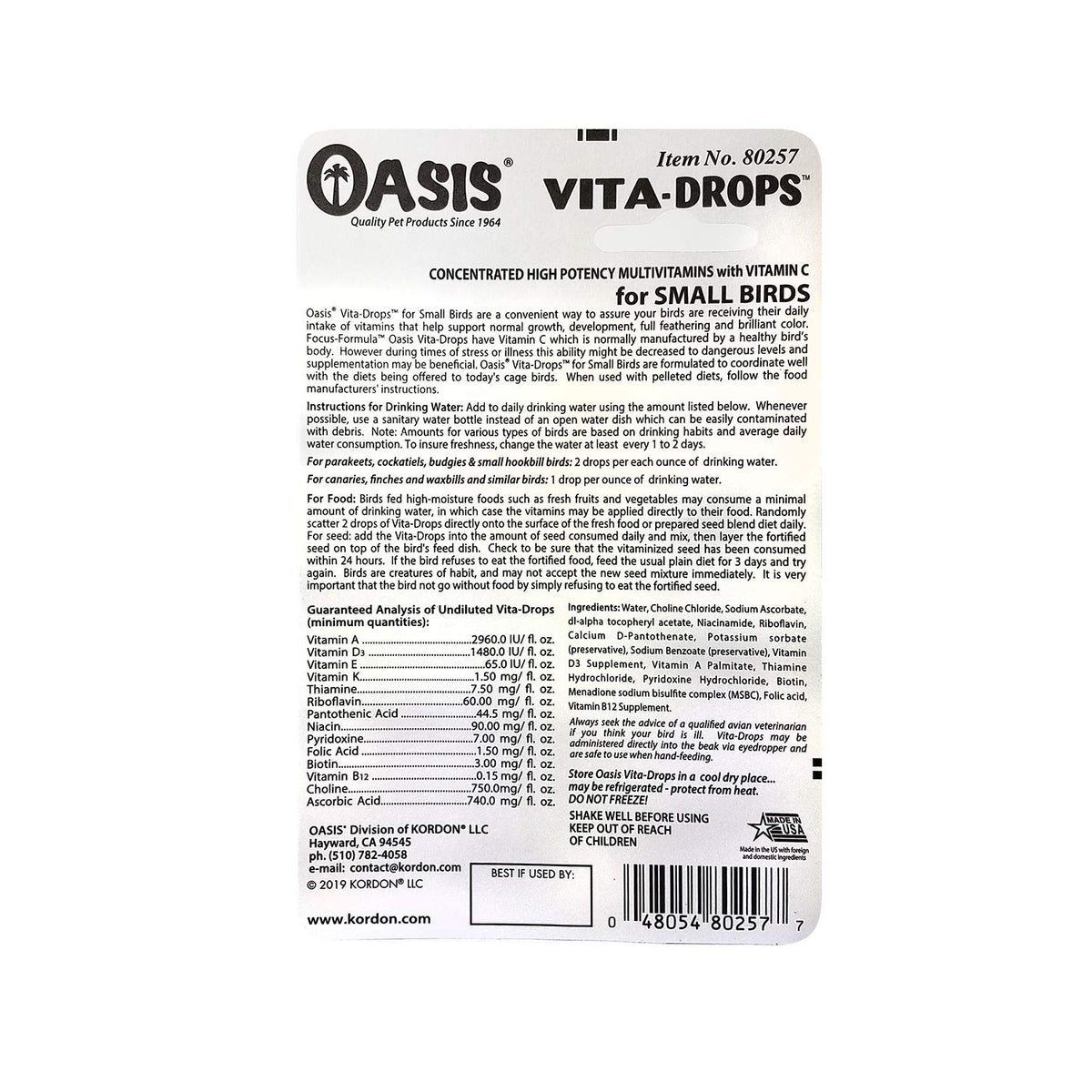 OASIS #80257 Vita Drops for Small Birds, 2- ounce liquid multivitamin
