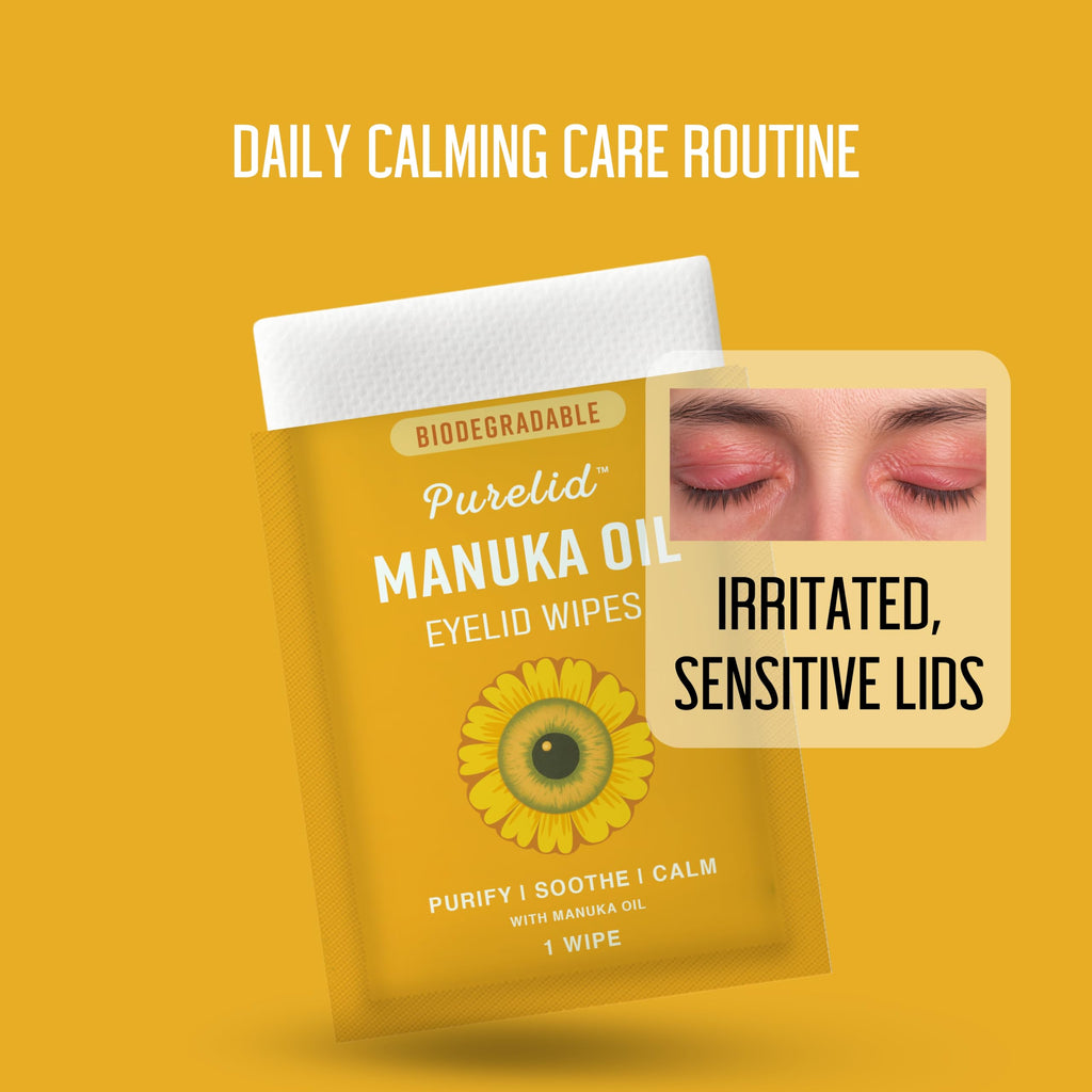 100 Pcs Manuka Oil Eyelid Wipes for Sensitive Lid Care & Eye Hygiene, Gentle Daily Eyelid Cleansing Wipes with Chamomile & Aloe Vera, Biodegradable, Free From Parabens & Sulfates
